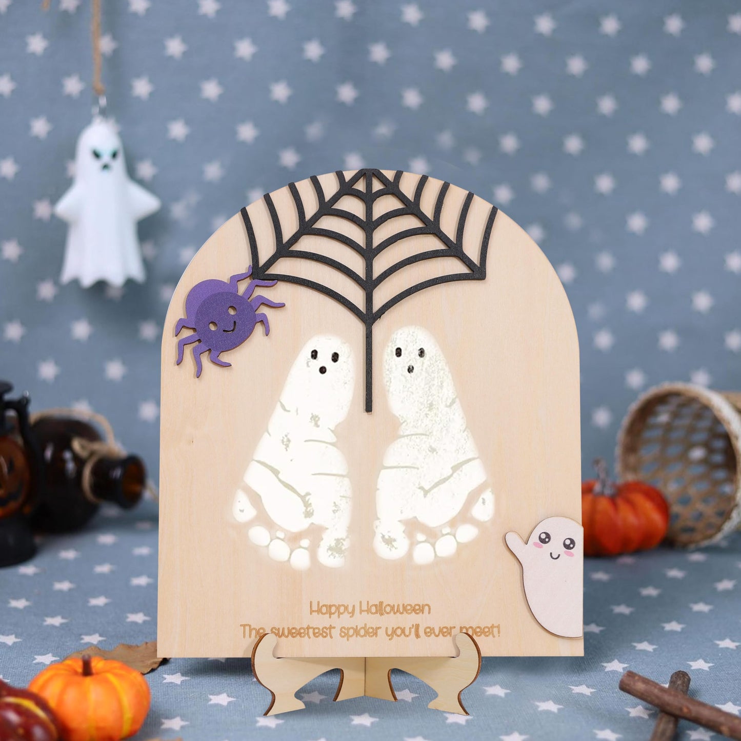 Spider Web Handprint Sign Board - Happy Halloween Party Souvenir,Spooky Little Spider Craft Display,Halloween Handprint Art Wood Board,Spooky Cobweb Party Centerpieces Photo Props