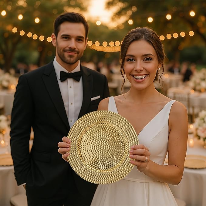 JEVERGN 24 Pack Gold Charger Plates, 13" Hammered Chargers for Dinner Plates, Gold Plate Chargers Set of 24, Round Plastic Charger for Wedding, Party Event, Dinner, Table Setting