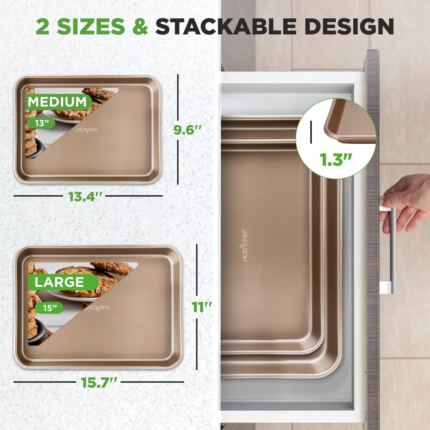 NutriChef 2-Piece Nonstick Stackable Cookie Sheet Set – Non-Toxic Carbon Steel Baking Pans – Heavy Duty, Warp-Resistant, Easy to Clean, Oven & Dishwasher Safe Bakeware