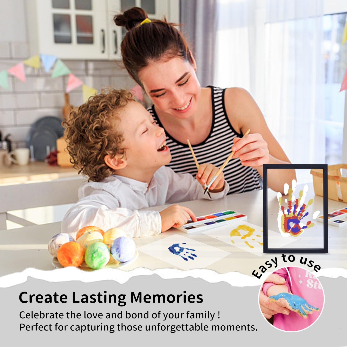 CHERRY CHEERS Family Handprint Kit, DIY Craft Keepsake Wooden Frame, Endless Gift Set, Non-Toxic Paints, Transparent Sheets (Black)
