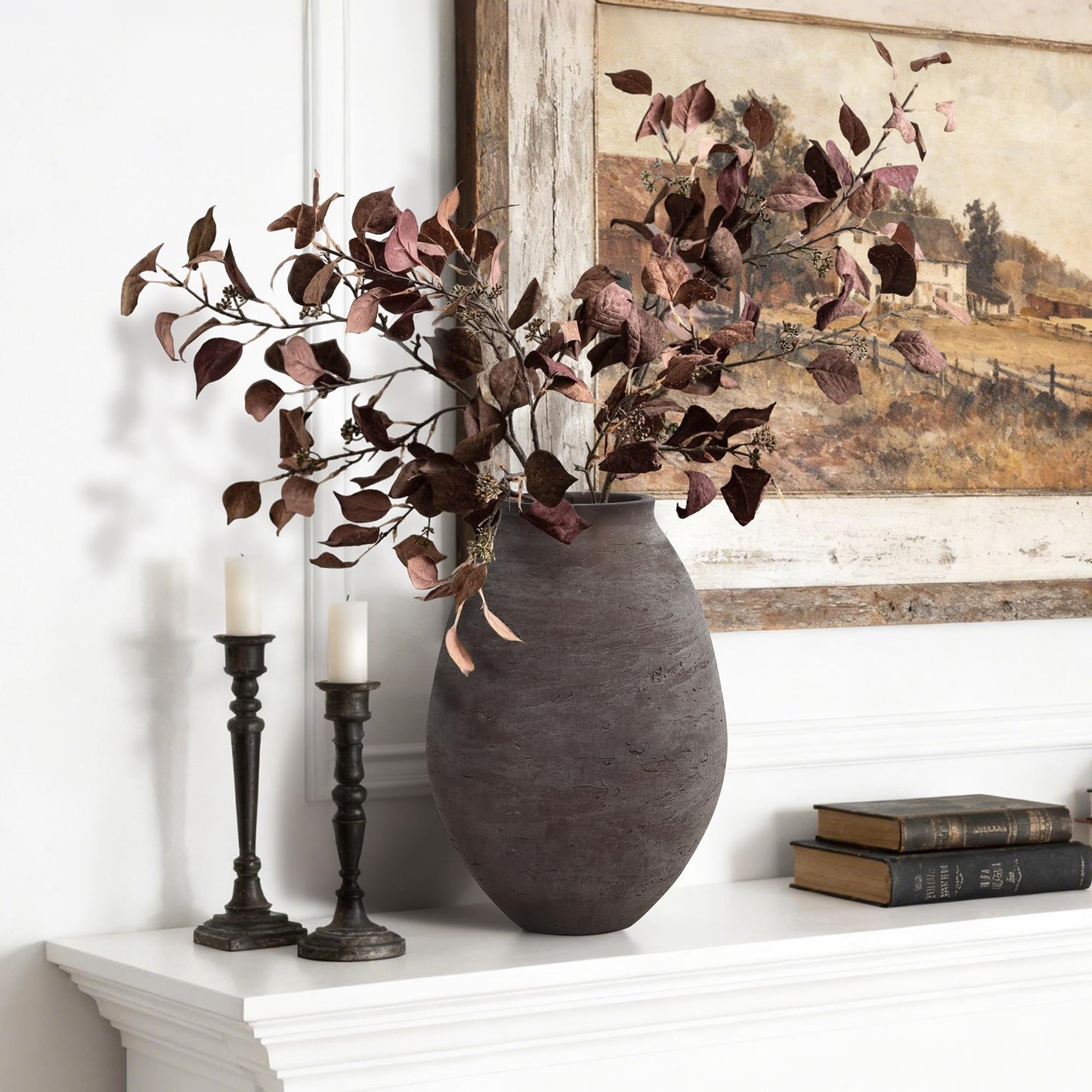 LuxenHome 13" Cement Large Floor Vase, Antique Brown Rustic Vases, Decorative Terracotta Vases Home Decor, Farmhouse Pottery Home Accent