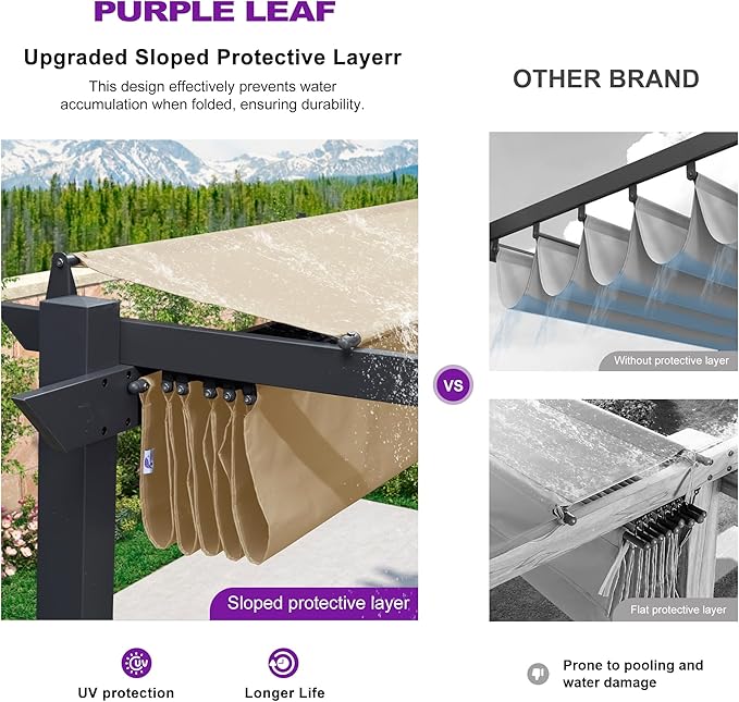 PURPLE LEAF 10' x 10' Aluminum Outdoor Pergola Wind-Resistant Retractable Pergola with Double Sun Shade Canopy Heavy-Duty Metal Pergola for Patios Backyard Deck Garden, Khaki