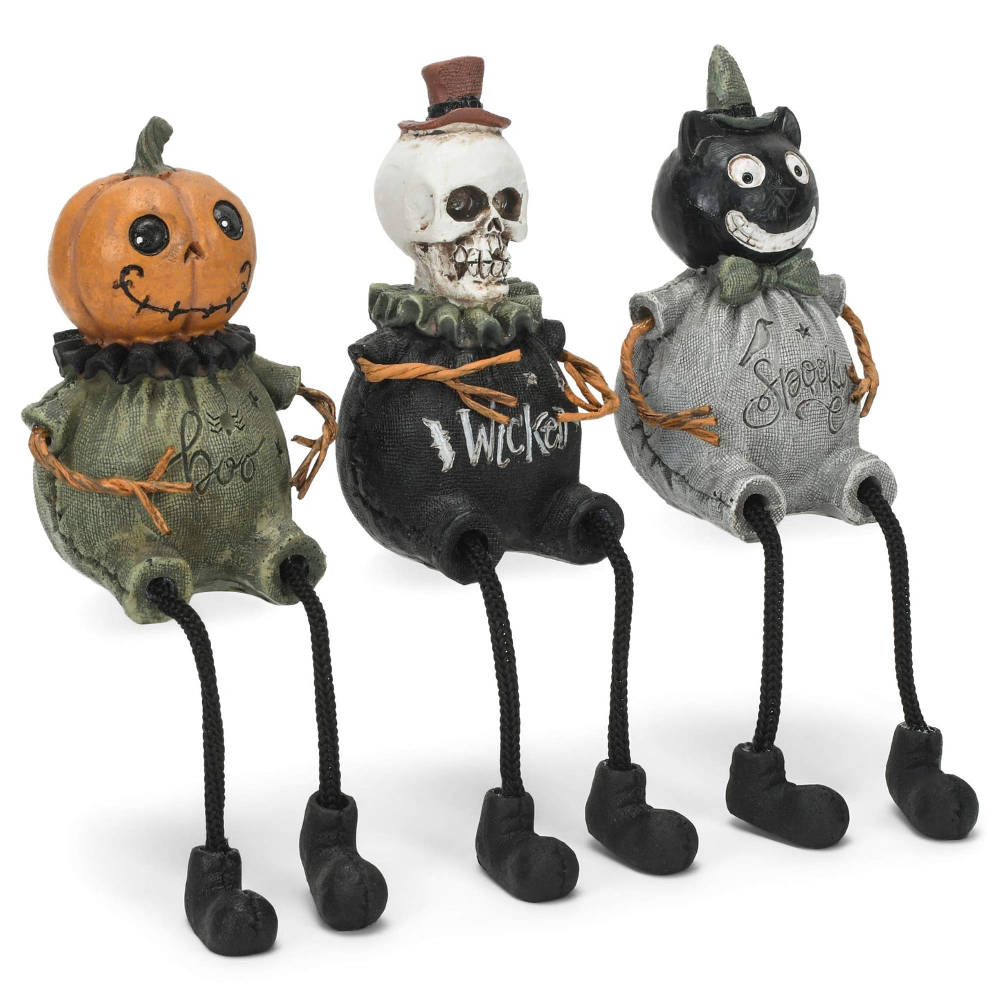Transpac Boo Wicked Spooky Green 7.5 x 2.25 Resin Decorative Tabletop Figurine Shelf Sitter Set 3