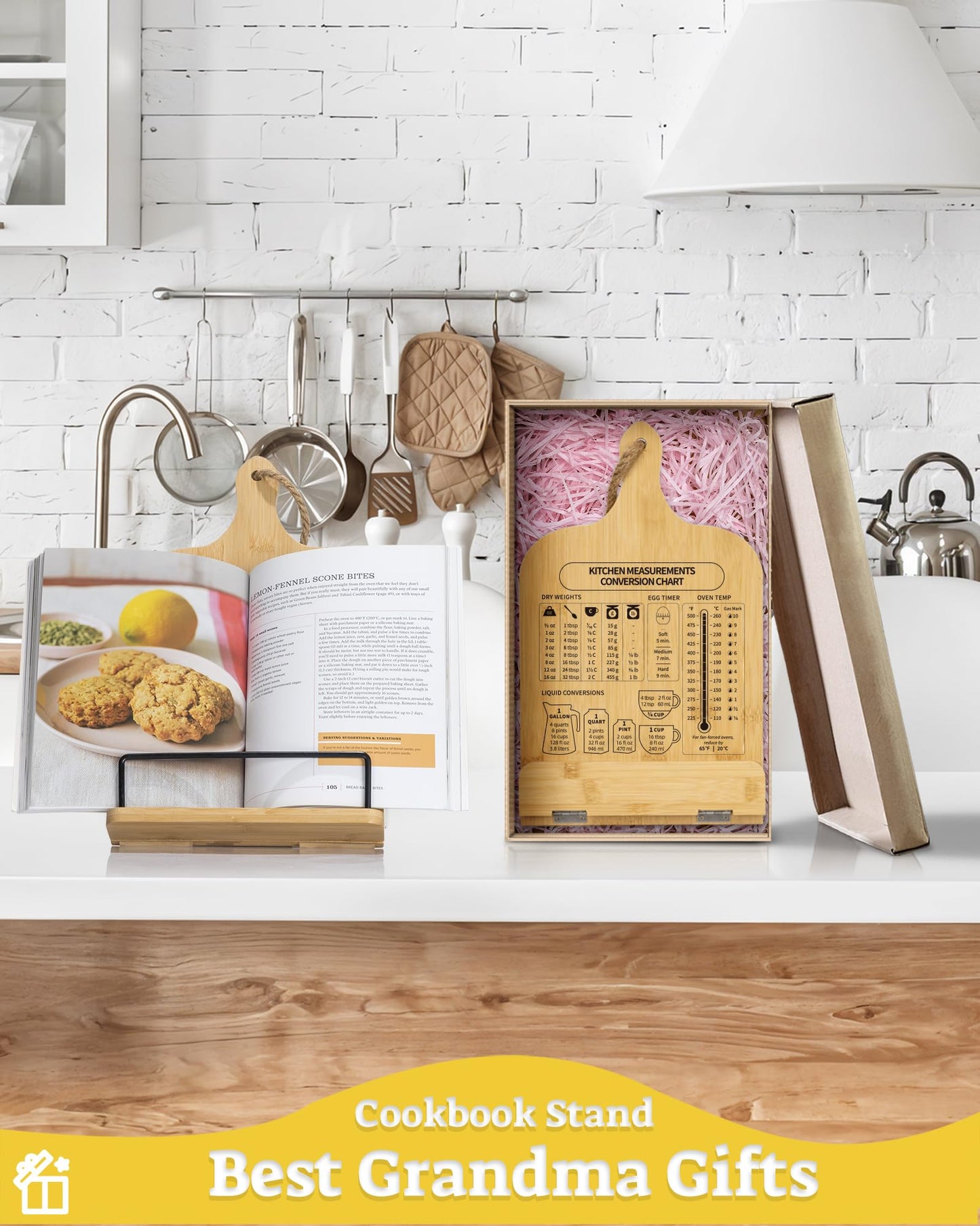 IKEDAS Bamboo Cookbook Stand, Sturdy Cook Book Holder, Recipe Book Holder with Measurement Conversion Chart, Cookbook Stand for Kitchen Counters, Essential Accessories for Holding Cookbooks