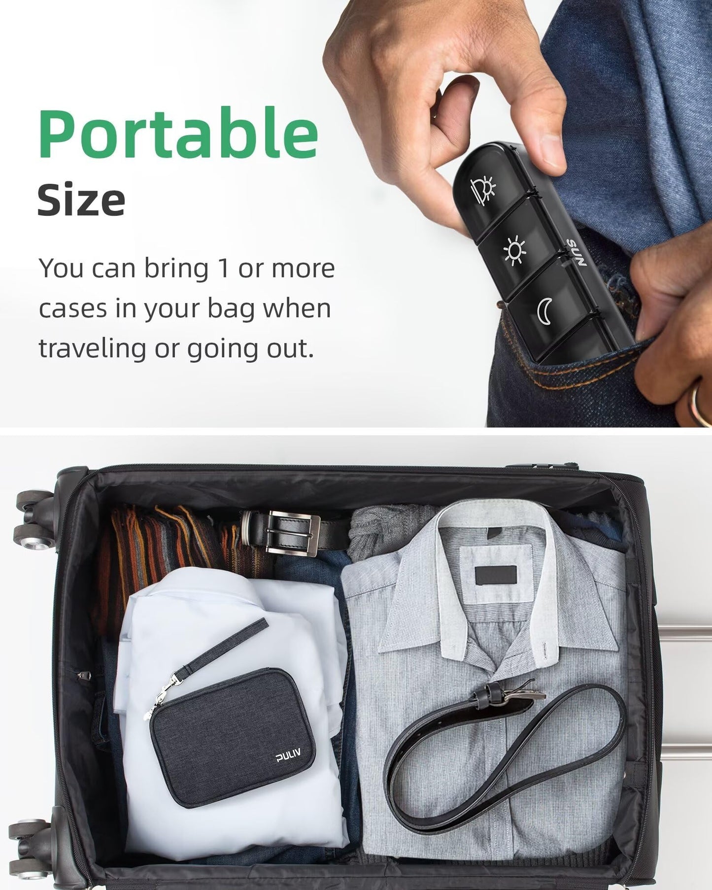 PULIV Weekly Pill Organizer 4 Times a Day with a Business Stylish Bag, Portable Pill Box 7 Day with 28 Compartments for Men, Removable Pill Sorters to Store Vitamin, Medication, Fish Oil, Supplements
