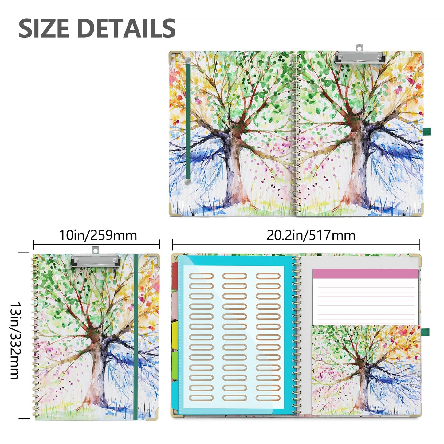 Clipboard Folio with Notepad for Letter Size (11" x 8.5"), 5 Extra Folders with Storage 10 Pockets, 39 File Folder Labels, Elastic Closure Spiral Clipboard with Storage(Tree Seasons)