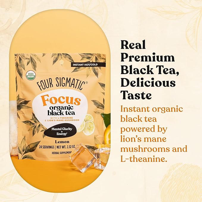 Four Sigmatic Think Organic Black Tea | Instant Lemon Tea w/Lion's Mane & L-Theanine for Mental Clarity & Focus | Organic Herbal Teas w/Adaptogens | Vegan, Gluten-Free | Lemon, 24 Servings