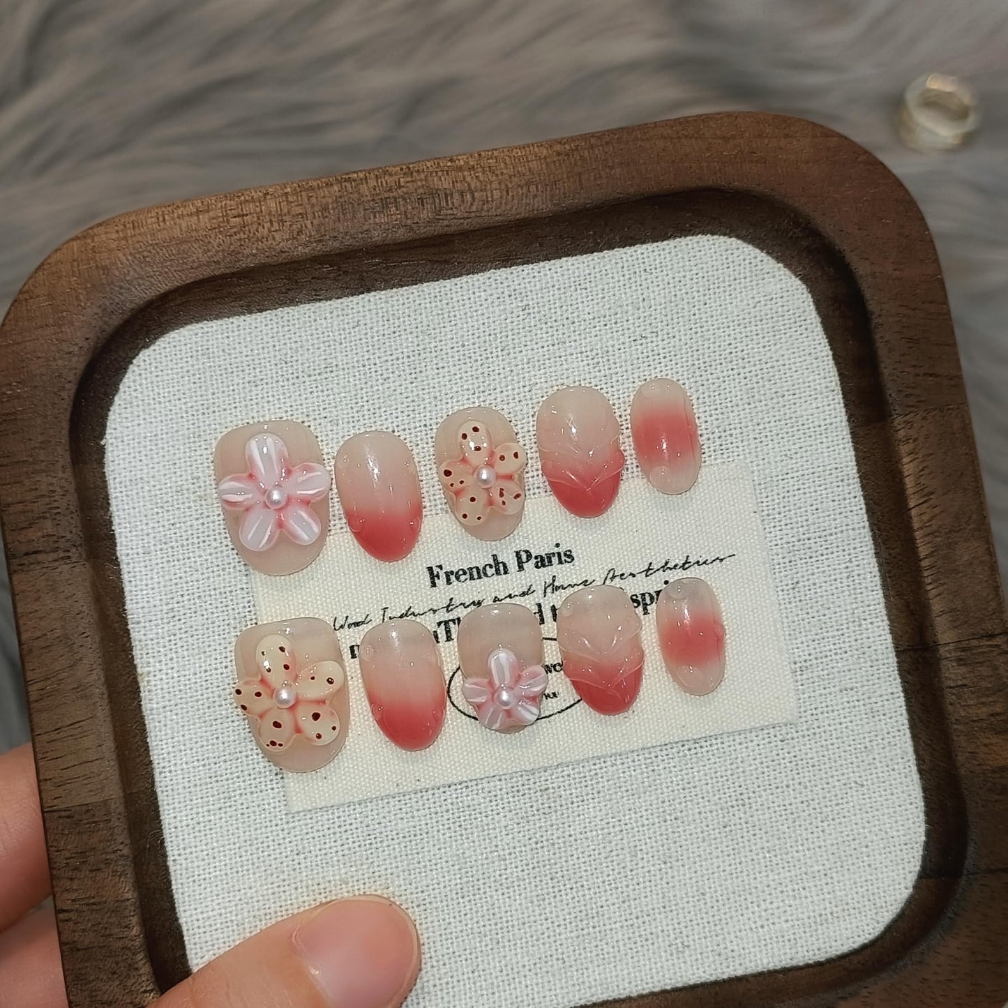 TENPAL Handmade Press On Nails Short Oval 10Pcs with Tools Kit, Coral Blush Gradient Pink Glue on Nails with Hand-Sculpted Flowers, Reusable Glossy Summer Beach Vacation Fake Nails for Teens Girls(L)