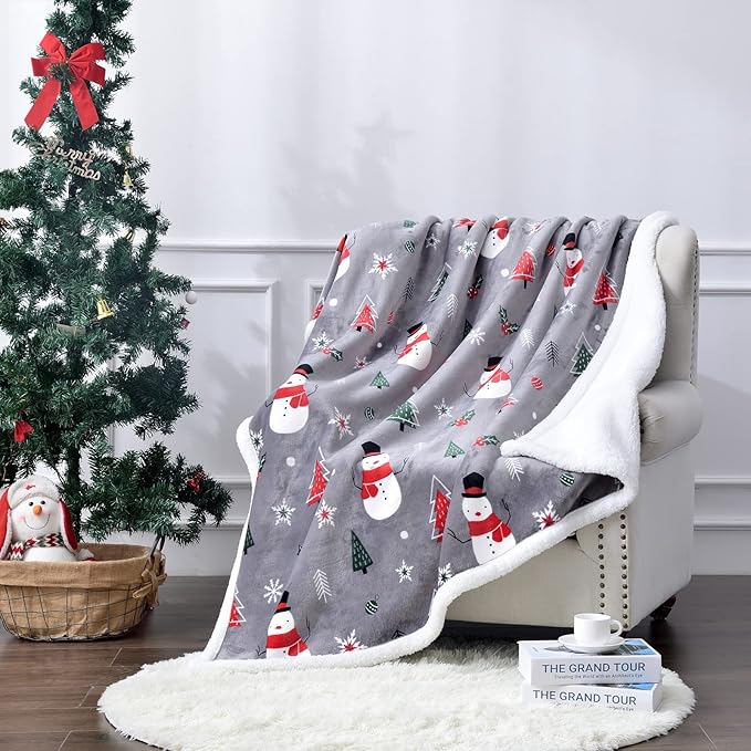SOCHOW Christmas Holiday Sherpa Fleece Throw Blanket, Fuzzy Warm Super Soft Reversible Plush Blanket for Bed, Sofa and Couch, Snowman and Snowflake Pattern, 60 x 80 inches, Grey