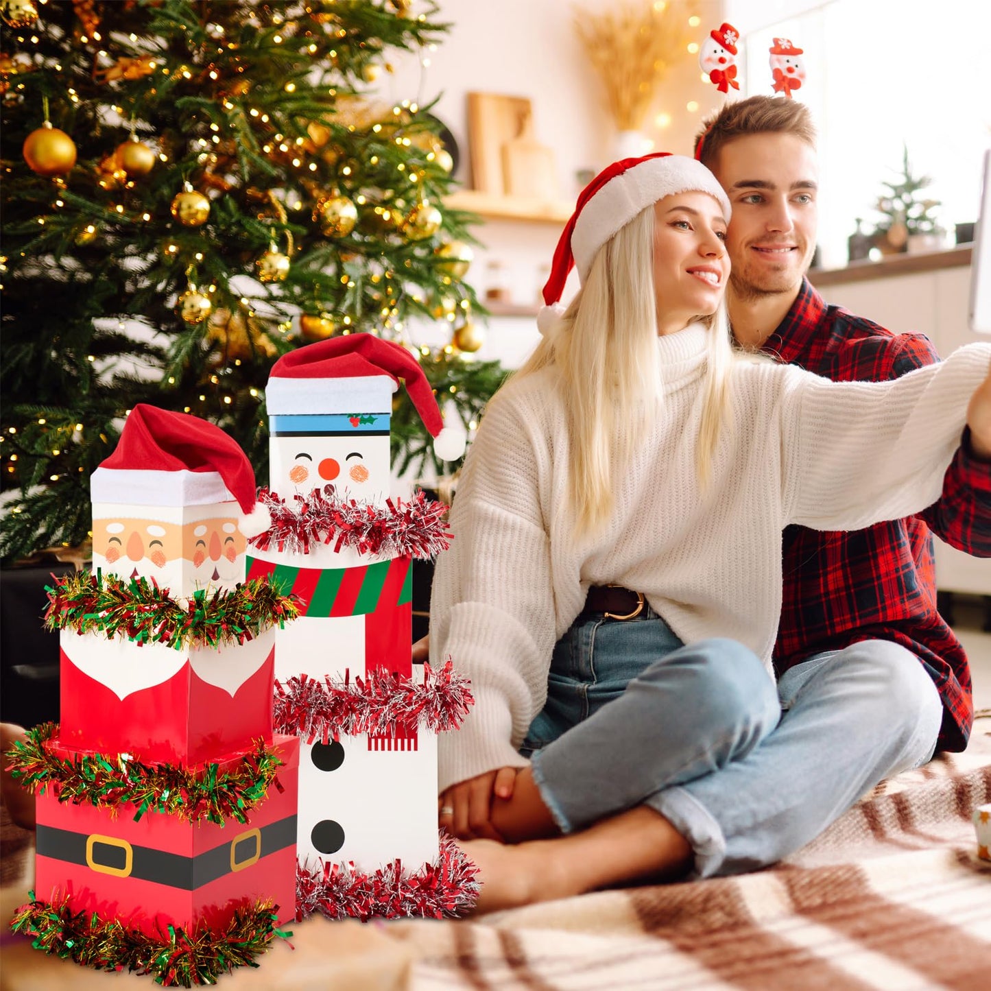 Gersoniel 12 Set Christmas Stacking Boxes Christmas Nesting Gift Box with Hats Santa Claus Snowman Stackable Boxes with Lids Xmas Decorative Present Box for Party Supplies Decor