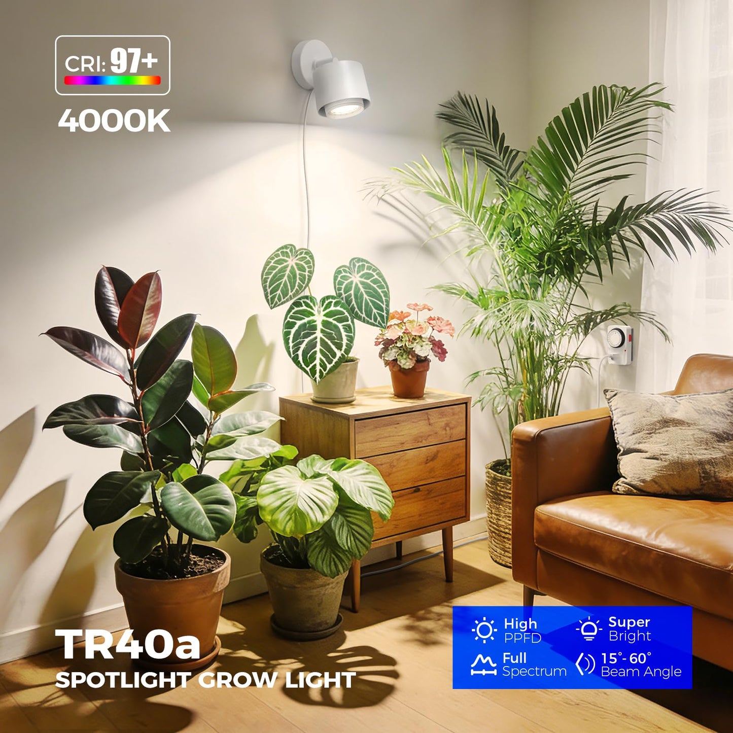 Barrina TR40a Track LED Grow Lights for Indoor Plants, 15°-60° Adjustable Beam Angle, 40W 4000K Wall Mounted Plant Light, Full Spectrum Ceiling LED Growing Lamps with Timer, White Cover, 1-Pack