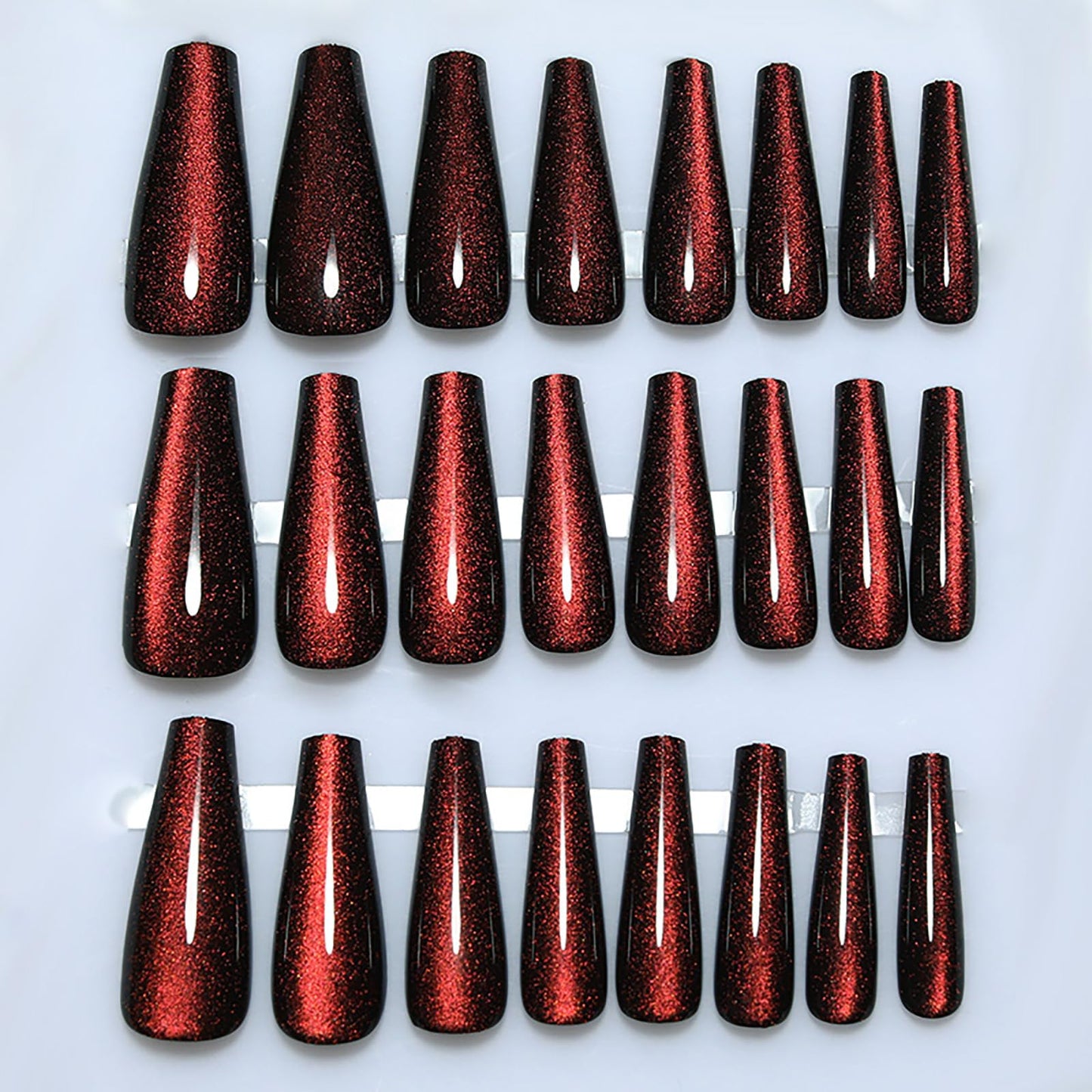 Handmade Press on Nails - Dark Red Fake Nails | Velvet Effect Design Acrylic Nails | Glossy,Glitter,Gradient Color,Reusable Long Nails | 12 Sizes - 24 Nail Kit with Jelly Glue