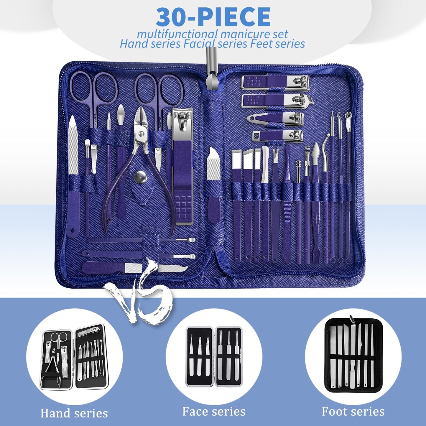 30Pcs Manicure Pedicure Kit，Nail Clippers Kit Professional and Stainless Steel Nail Care Tools，Toenail Clipper Cutters Men's Accessories Whit Beauty Tools Luxurious Travel Case (Blue)