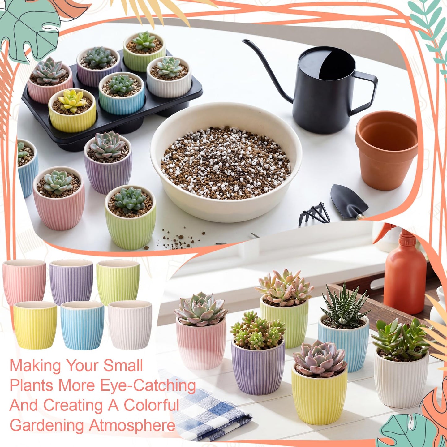 Ferrochef 24 Pcs 2.7 Inch Small Succulent Plant Ceramic Pot with Drainage Hole, Cute Mini Succulent Pots for Plants, Succulents, Cactus, DIY Easter Spring Craft Activity, 6 Colors(Vertical Stripes)
