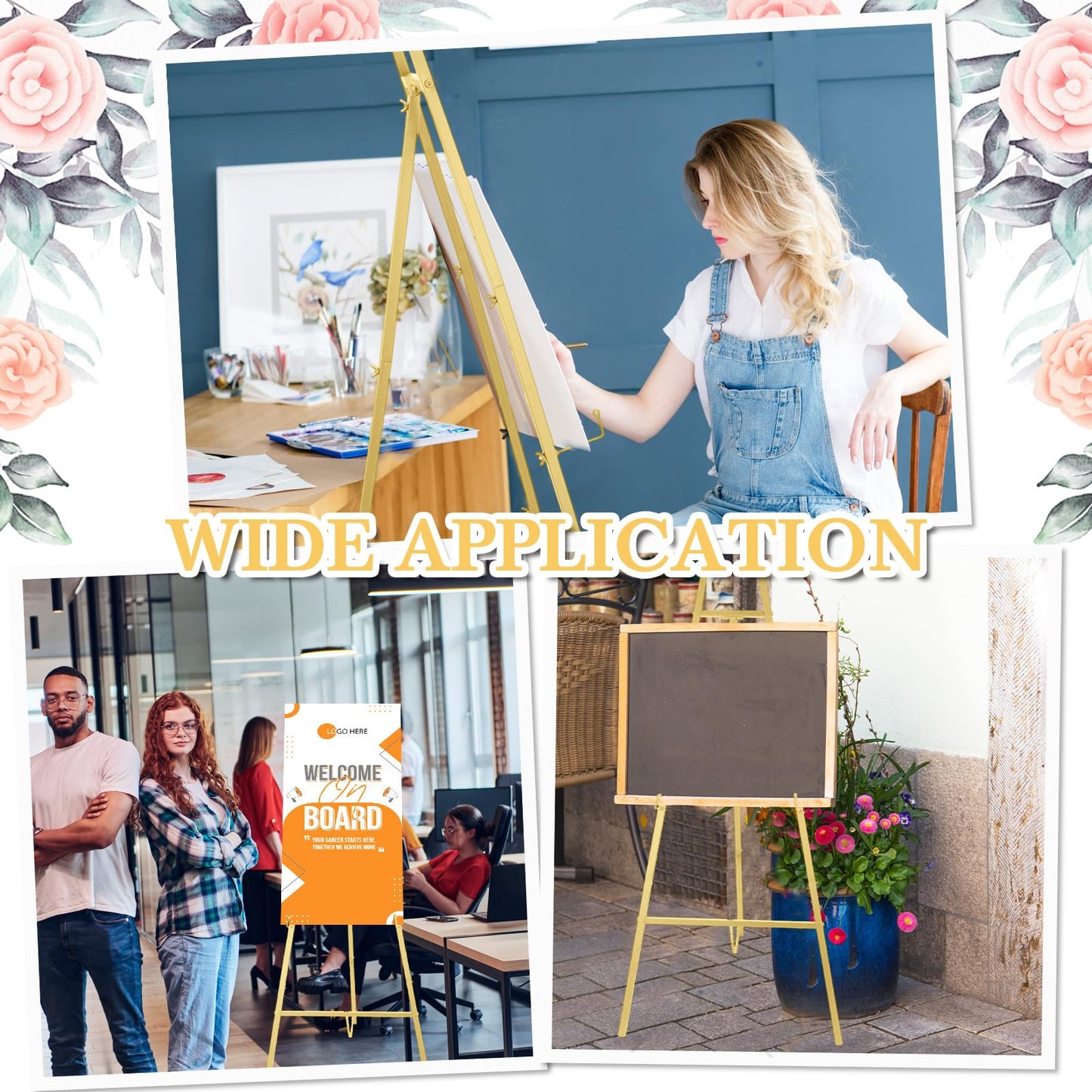 Yuntau 3 Pieces Gold Metal Easel Stand for Sign, 50 Inch Display Stand Adjustable 3 Tier Easel for Wedding Sign, Posters, Paintings, Exhibition
