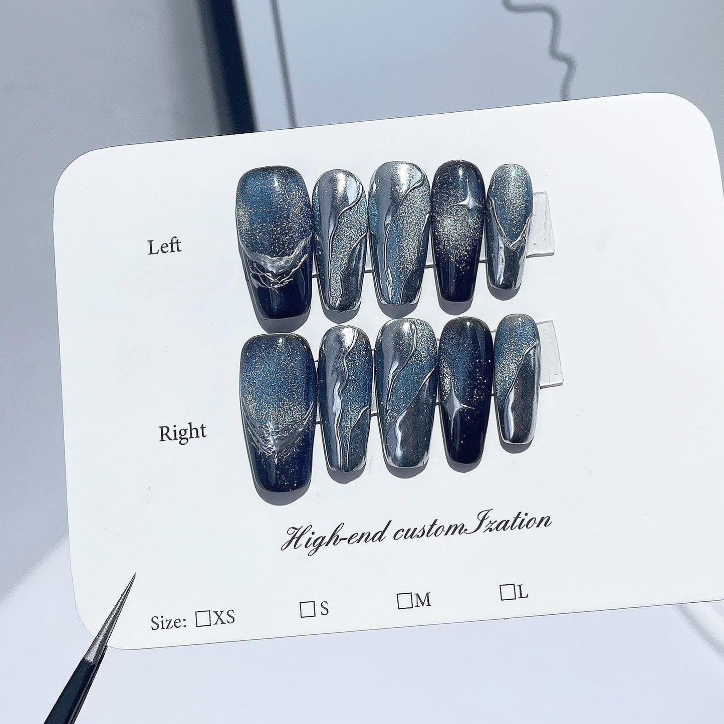 LIFOOST Nails Handmade Press On Medium Coffin Silver Blue Magnetic Cat Eye Fake Nail Luxury Star River False Nail Tips,10 Pcs Size Small