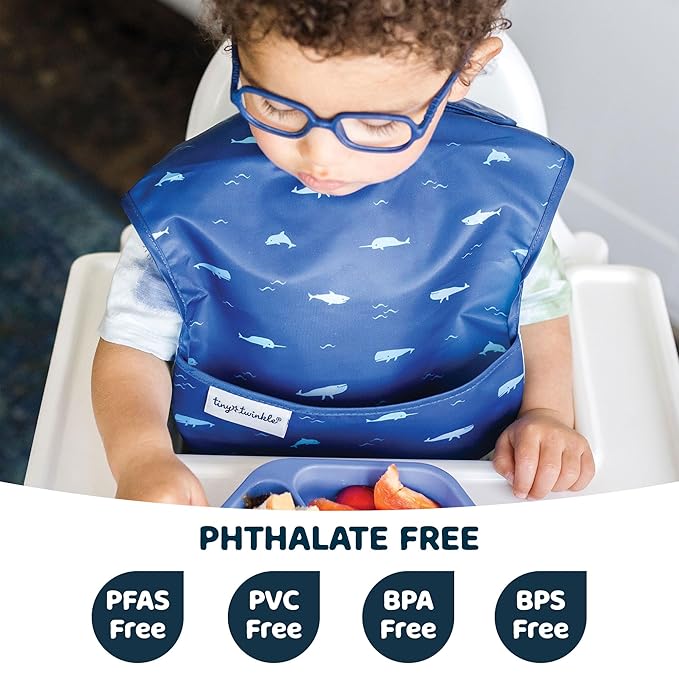 Tiny Twinkle Mess-Proof Baby Bibs for Eating | Waterproof, Wipeable Toddler Bibs with Catch-All Pocket | Feeding Bibs for Girls & Boys(3 Pack,Sea, Dino)