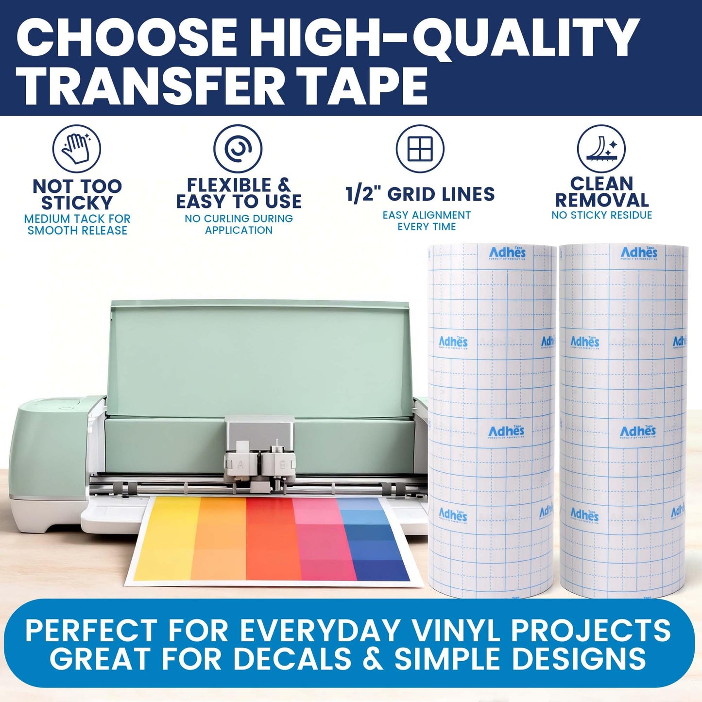 ADHES Clear Transfer Tape for Vinyl with Grid, 12" x 50FT, Medium Tack Transfer Paper Roll, Easy Release Application Tape for Cricut, Silhouette, Decals, Signs & DIY Projects