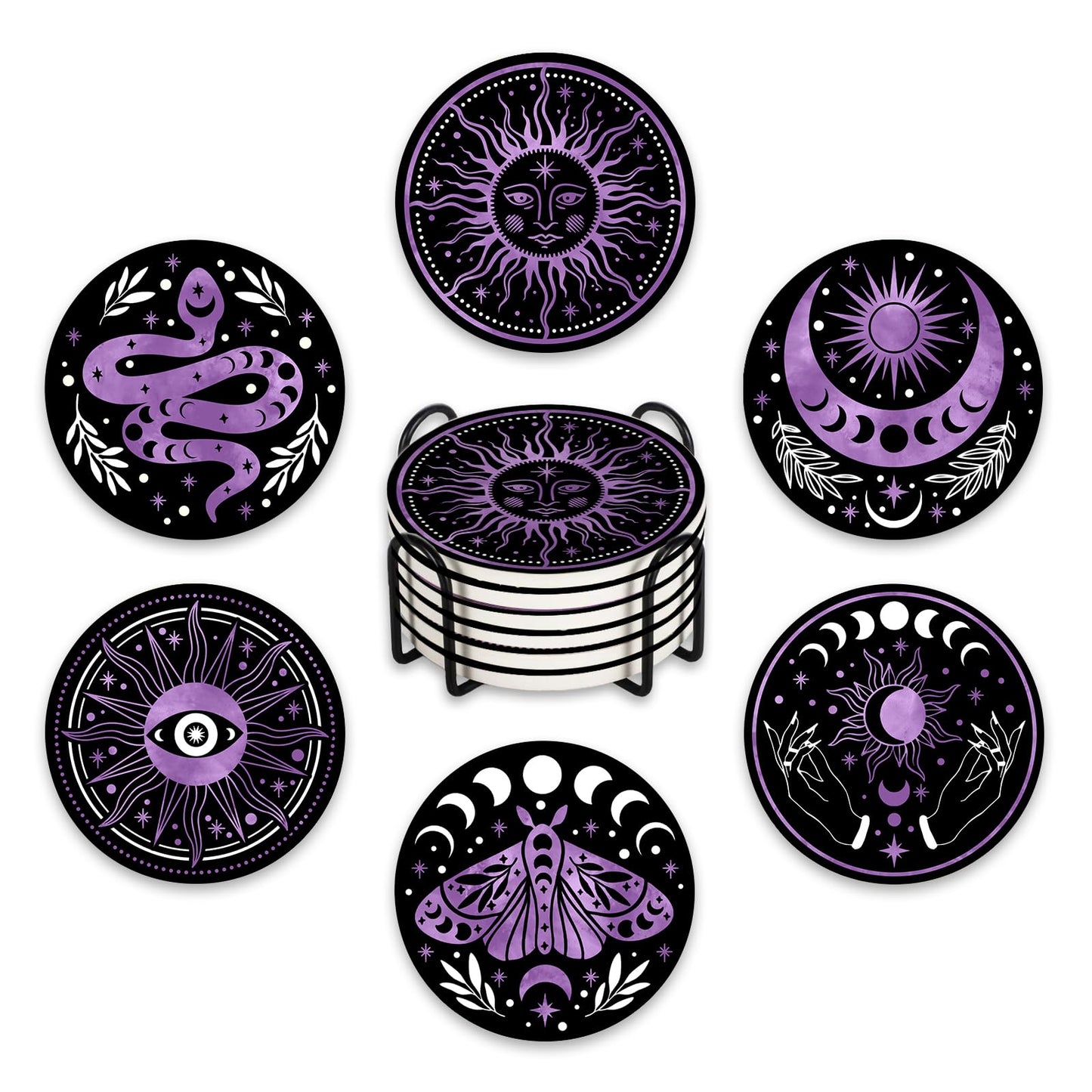 Paayna Moon Phase Sun Ceramic Coasters with Holder Set of 6, Mystical Astrology Snack Moth Absorbent Drink Cup Mat for Coffee Table Protection, 4'' Retro Dark Home Kitchen Decor Housewarming Gifts