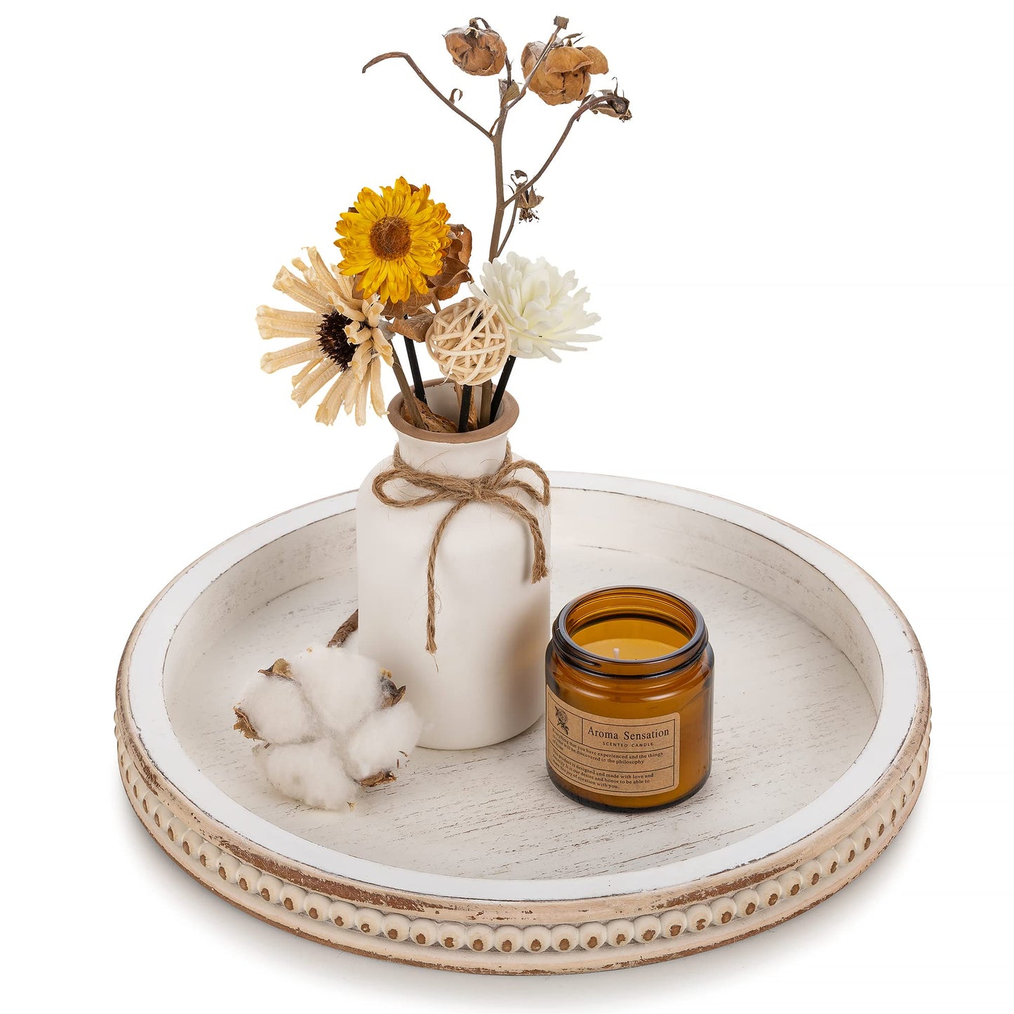 Hanobe Round Wooden Decorative Tray: White Washed Bead Tray Decor for Coffee Table Centerpiece Rustic Farmhouse Tray for Kitchen Counter Living Room Decoration