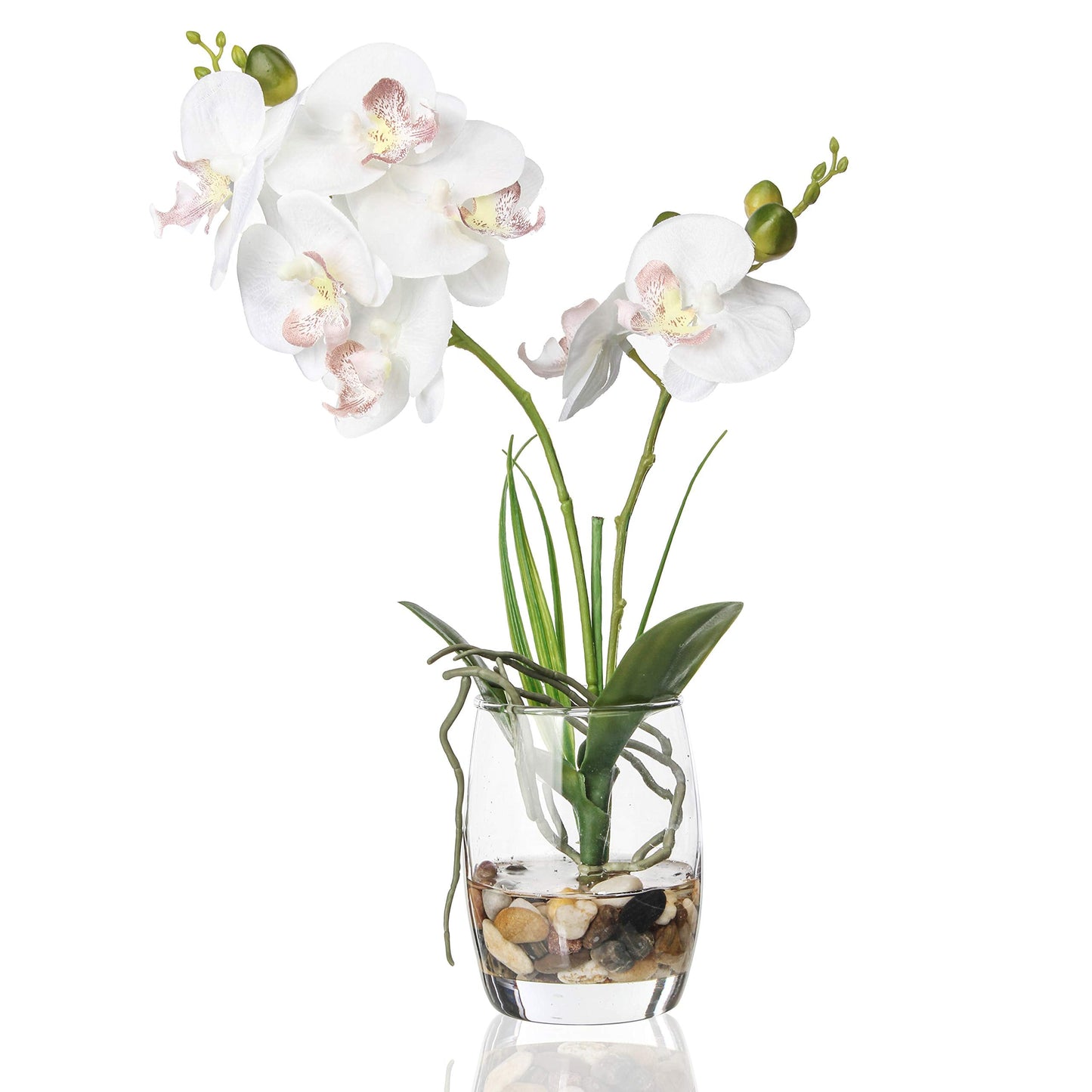 Jusdreen White Orchid Centerpiece in Glass Vase, 14.5 Inch Artificial Phalaenopsis with Potting for Home Office Decor, Table Centerpiece