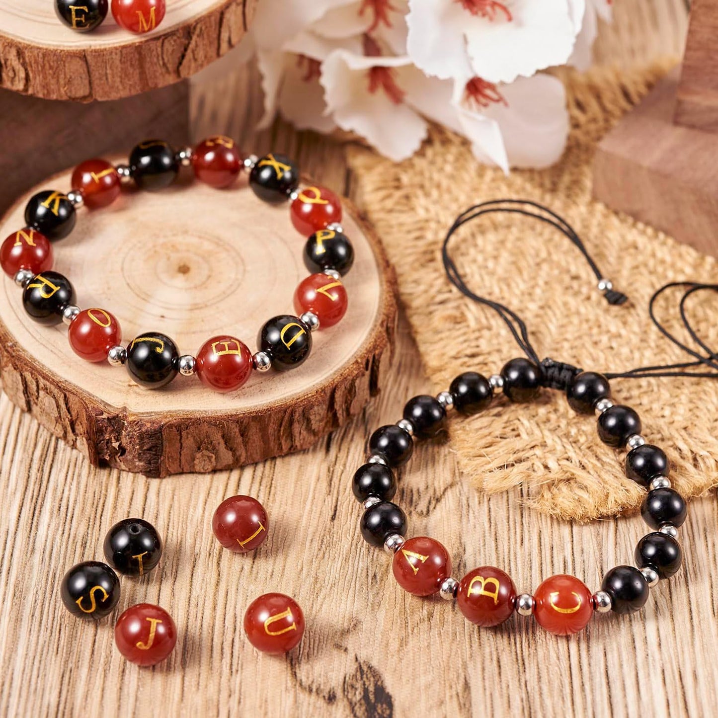 52Pcs 10mm Natural Agate Gemstone Beads A~Z Letter Beads Black Red Agate Stone Bead Natural Round Gemstone Alphabet Bead for DIY Name Bracelet Jewelry Making