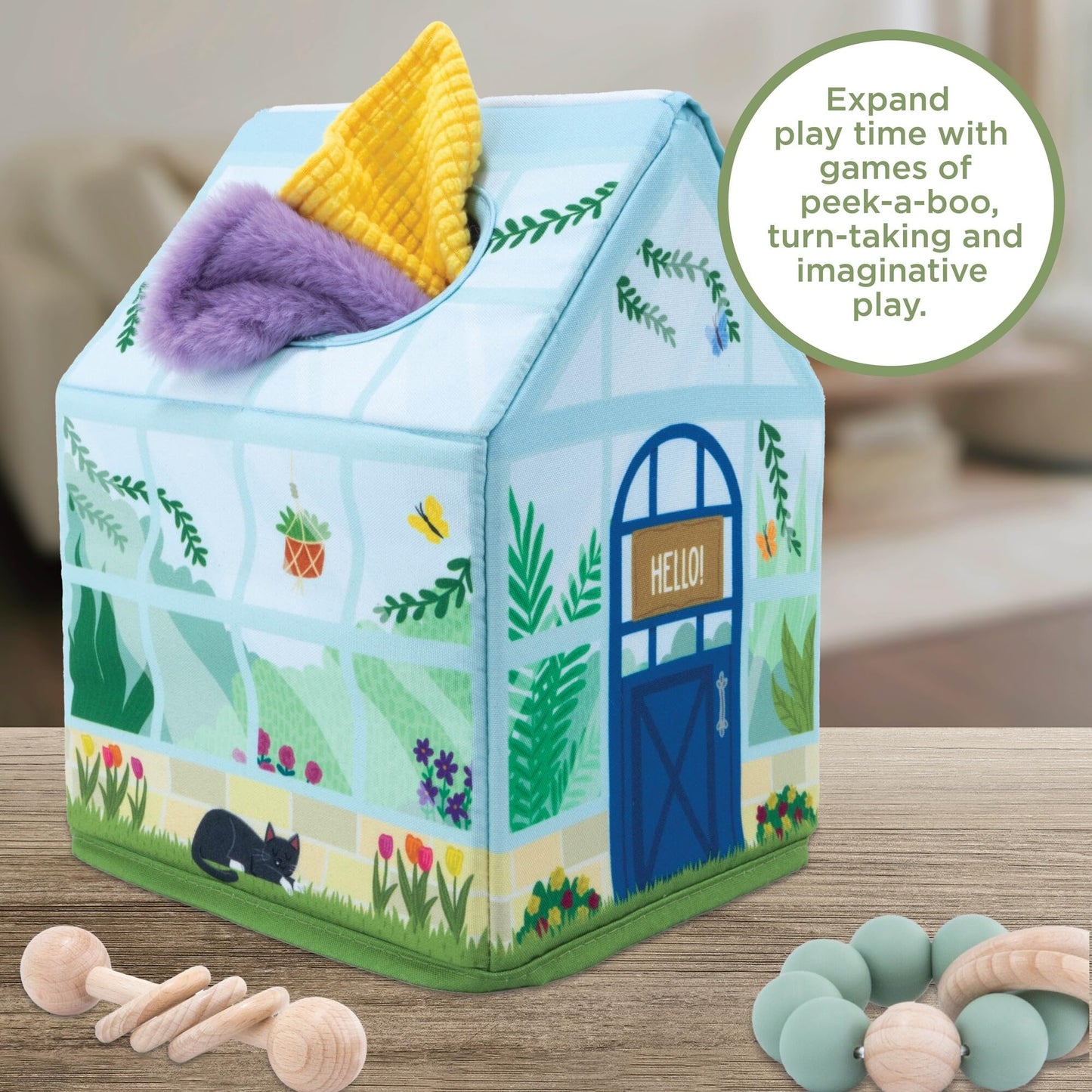 MindWare Sensory Sprouts Tissue Scarf - Montessori Toys for Babies 6-12 Months - Soft Greenhouse-Shaped Tissue Box and 12 Sensory Scarves Featuring Different Textures