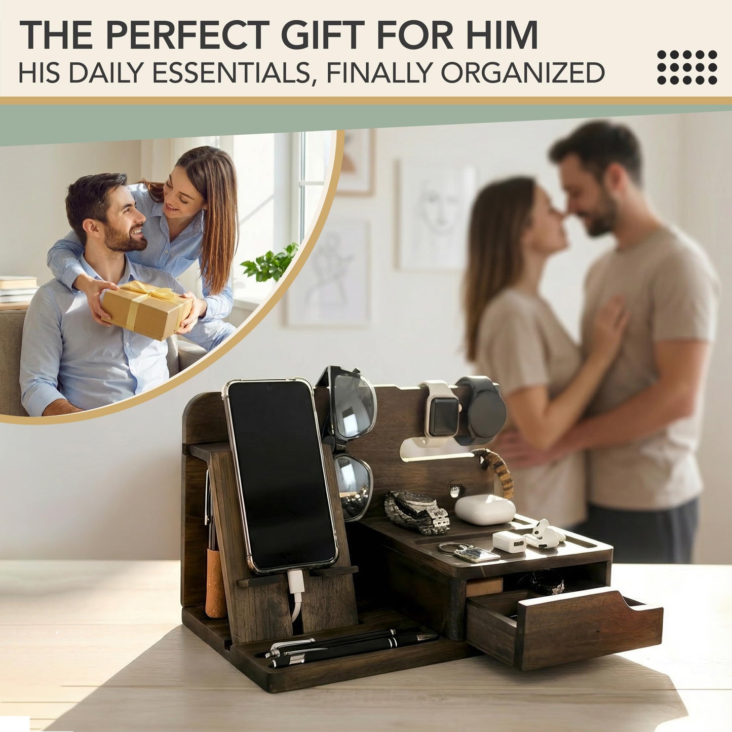 EcoLeafy Dot Nightstand Organizer- Phone Docking Station for Men- Unique Gifts for Husband, Father or Dad from Wife, Son or Daughter- Desk Organizer for Cellphone, Watches, Wallet and Key (Rustic)