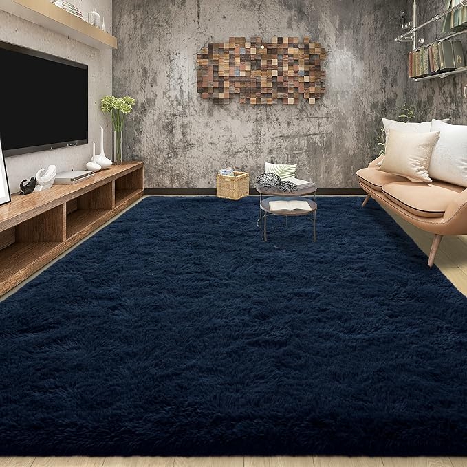 Tepook Soft Fluffy Rugs for Living Room, 5x8 Shaggy Area Rug for Bedroom, Modern Shag Rug Fuzzy Carpets for Kids, Plush Indoor Nursery Home Decor Rug with Non-Slip Bottom, Navy Blue