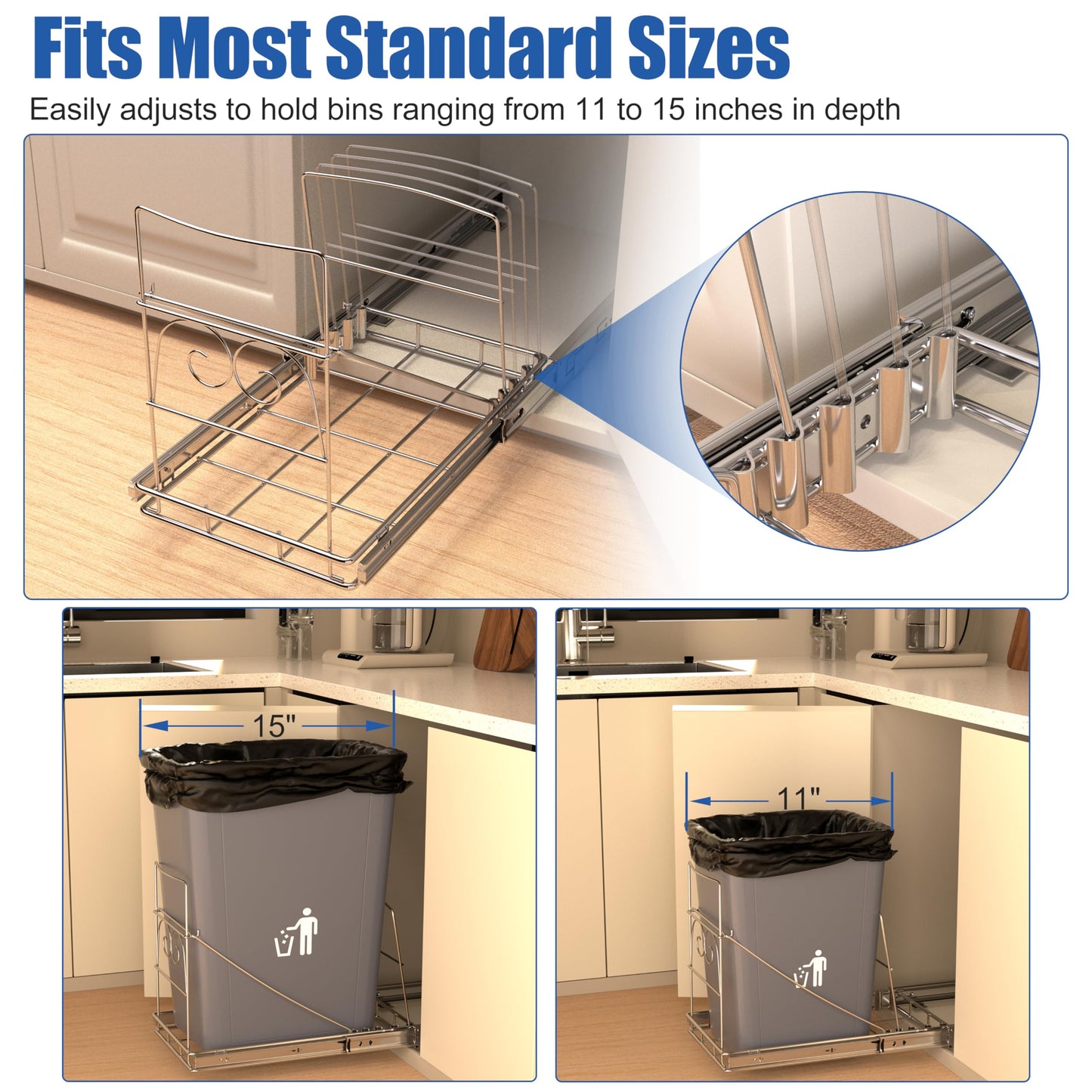 JOWBOOW Pull Out Trash Can Under Cabinet, Adjustable Cabinet Trash Can Pull Out Kit Under Sink Slide Out Shelf(Bin Not Included), Fits Min. 12" Opening Cabinet