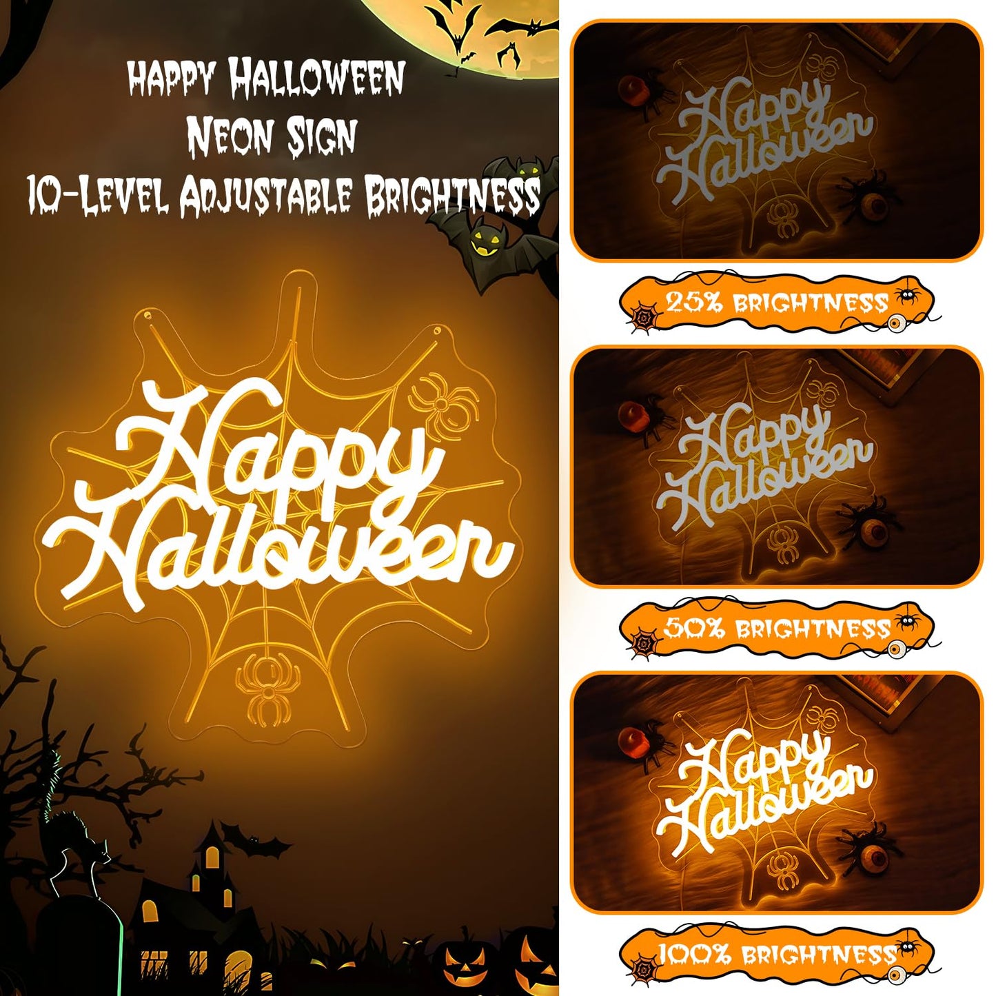 hhuohuona Happy Halloween Neon Sign Dimmable Neon Halloween Sign 3D Spider Web With Glowing Happy Halloween Led Window Lights Gothic Light Up Sign for Party