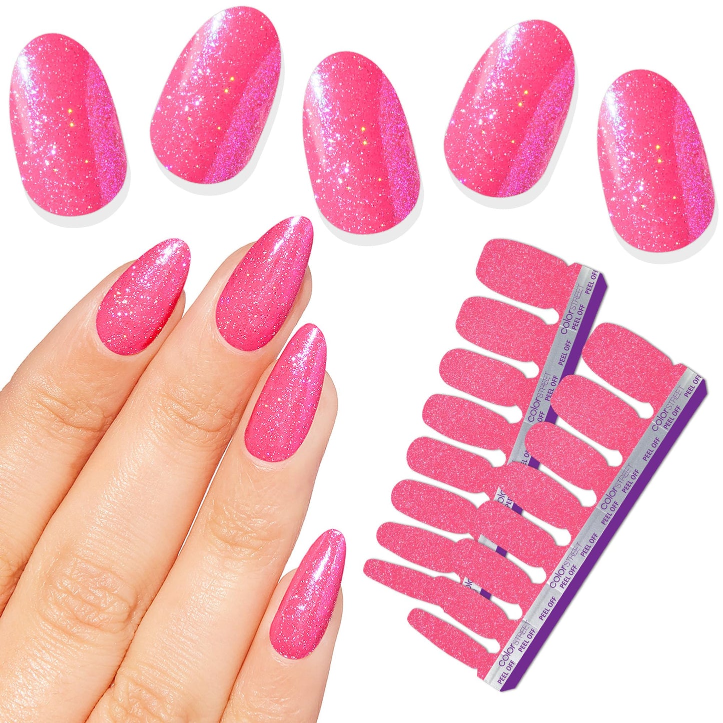 Color Street - Hollywood Glamour - Hot Pink Glitter Nails with Blue Flash, Real Nail Polish Strips, Sparkle Manicure Style - 16 Double-Ended Strips