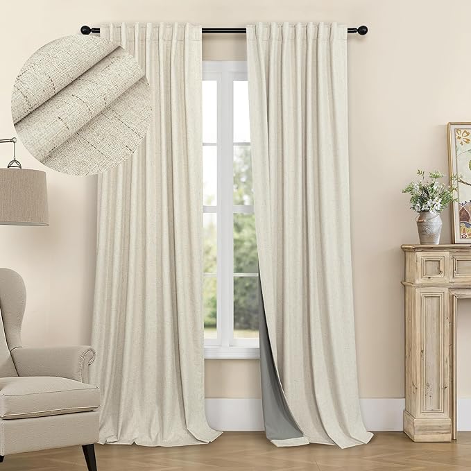 Black Out Curtains 108 Inch Long 2 Panel Set Burlap Primitive Cottage Linen Textured Total Blackout Patio Door Curtain for Living Room Darkening Soundproof Curtains for Bedroom 9ft Back Tab Tan Beige