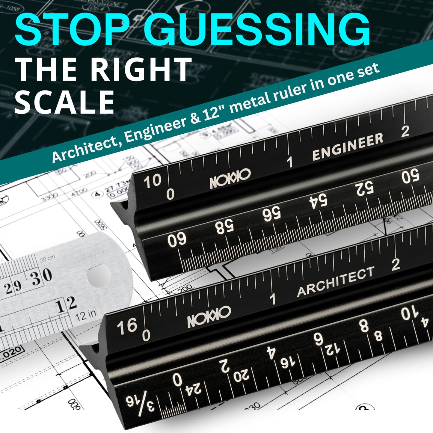 NOKKO Architectural Scale Ruler Set with Engineer Scale and Metal Ruler, 12 Inch Aluminum Drafting Rulers for Blueprints, Engineering Drawings and Floor Plans