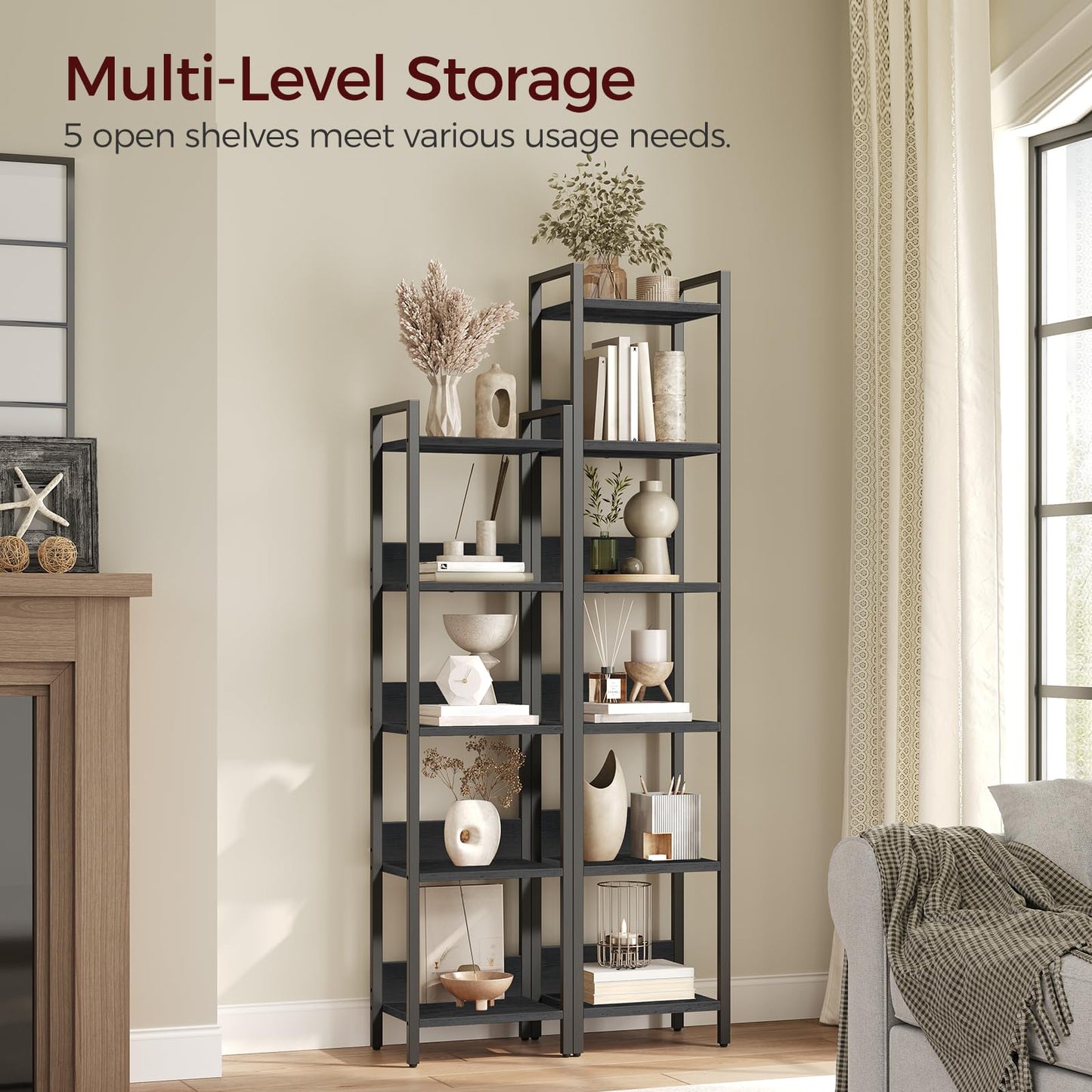MAHANCRIS 5-Tier Bookshelf Bookcase and Clamp On Desk Organizer Bundle, Shelves Organizer for Small Spaces, 2-Tier Desktop Bookshelf, for Office, Study and Game Room, BKHB5501-DSBK3501