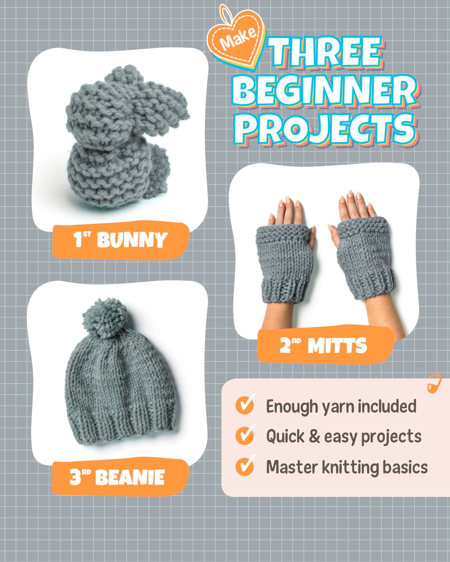 Complete Knitting Kit for Beginners - Learn to Knit Kit with Knitting Accessories Like Thick Beginner Yarn in Gray, Bamboo Needles for Beginners & More - Includes Video Tutorials & Written Guide