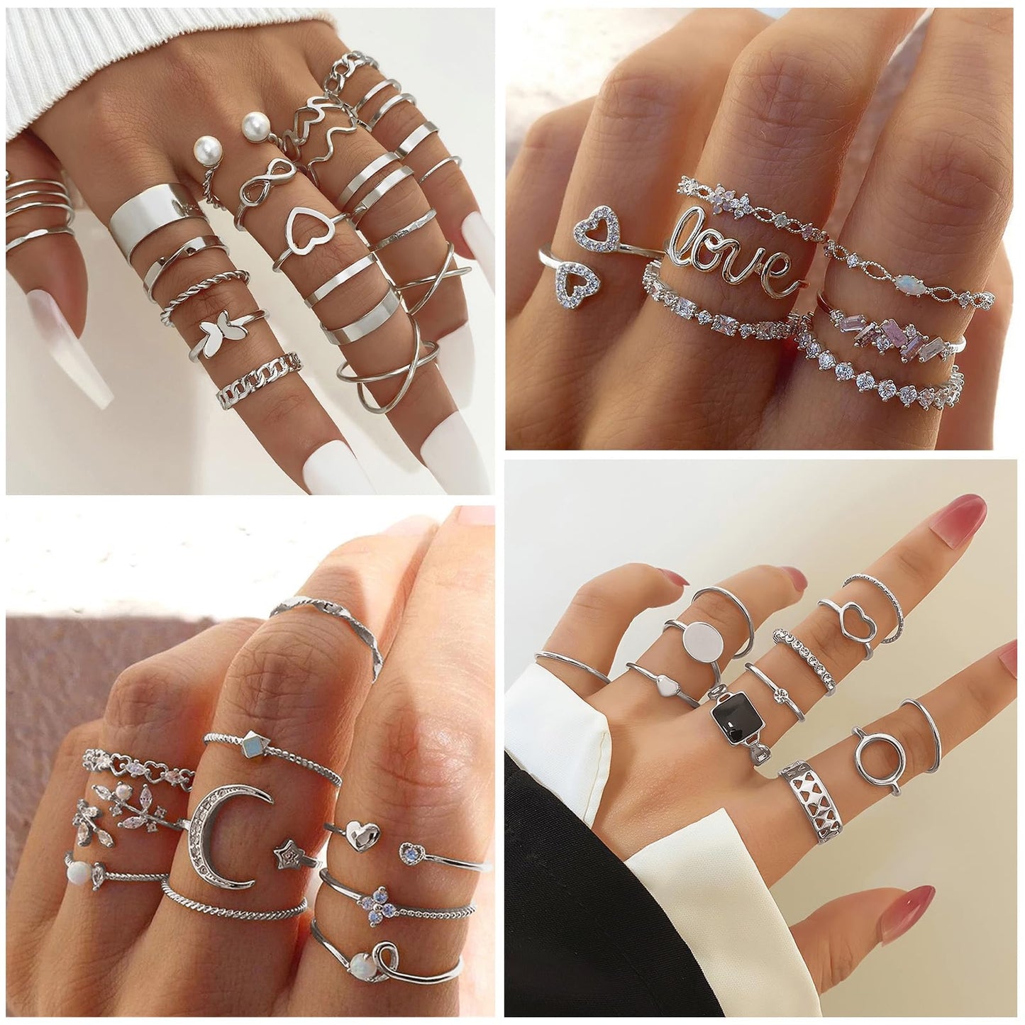 IFKM Gold Knuckle Rings Set For Women Vintage Stackable Joint Finger Midi Rings Dainty Cubic Zirconia Crystal Simple Twist Hollow Cute Rings Pack Jewelry Gift (Moonlight Express, Silver)