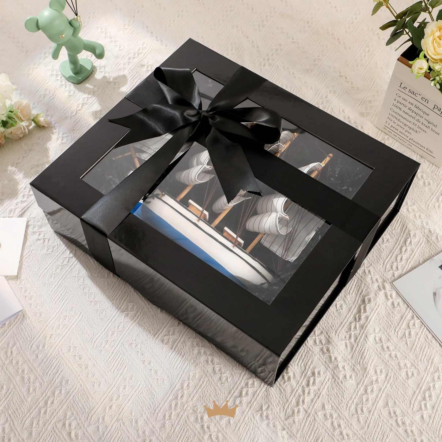 PACKQUEEN Extra Large Black Gift Box with Window, 16.3x14.2x5 Inches Clear Gift Box for Present Contains Ribbon, Card, Groomsman Proposal Box with Magnetic Lid (Glossy Black)