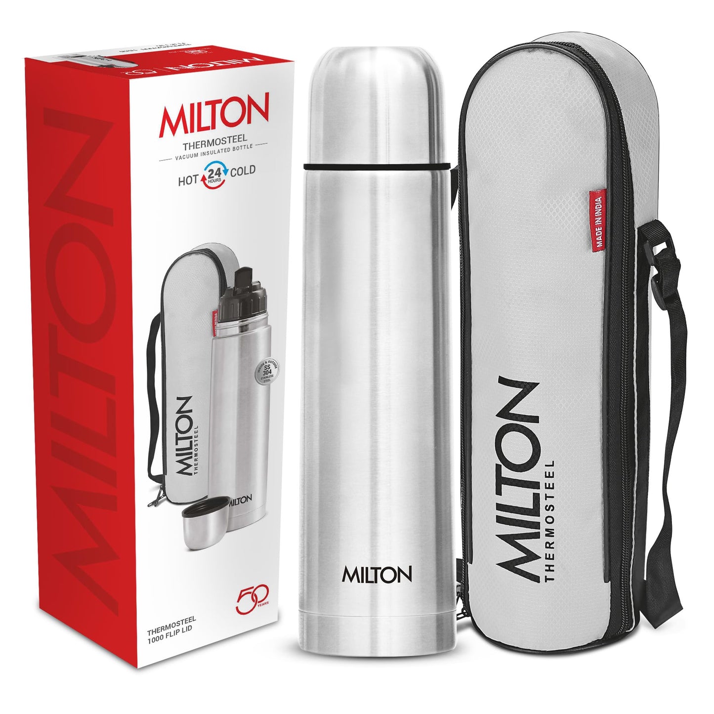 Milton Thermosteel Flip Lid 1000, Double Walled Vacuum Insulated Thermos 1000 ml | 34 oz | 1 Ltr | 24 Hours Hot and Cold Water Bottle with Cover, Stainless Steel, BPA Free,Leak Proof | Silver