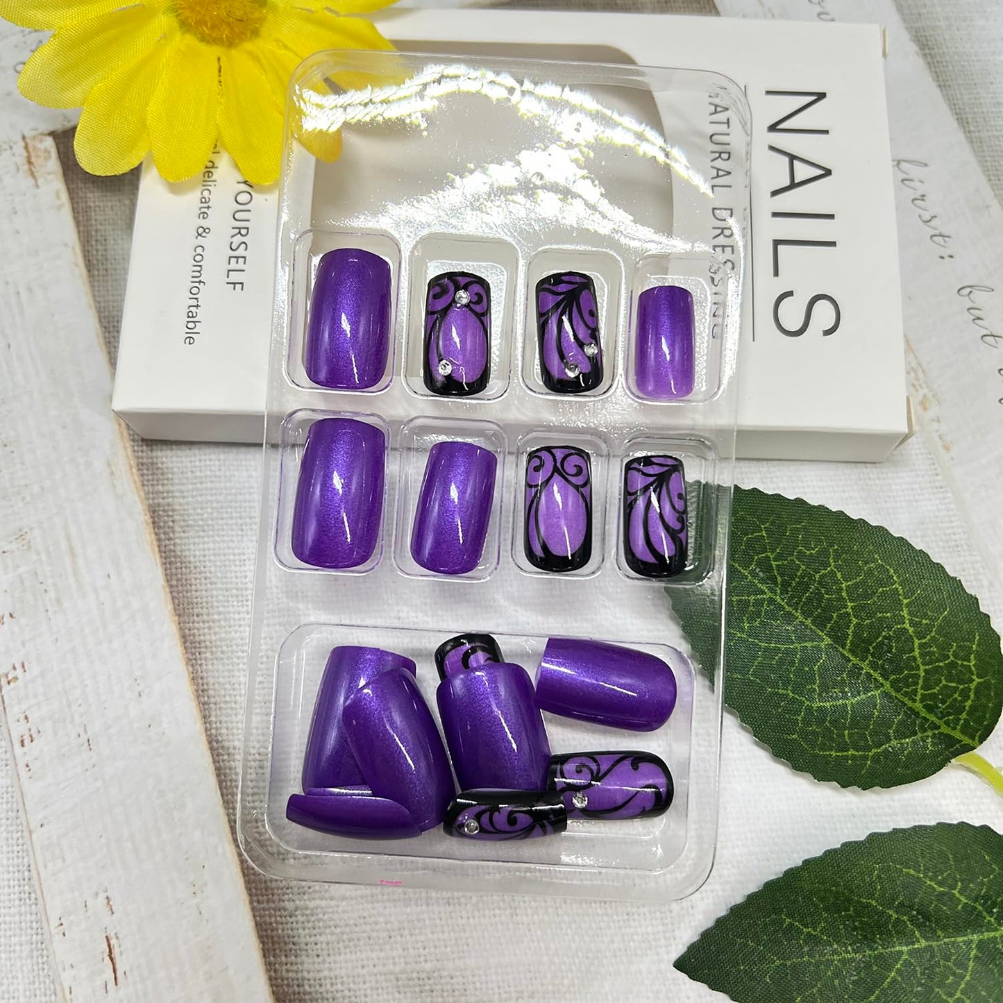 Purple Press on Nails Medium Square Fake Nails with Black Flowers Line Design Rhinestones False Nail Glossy Full Cover Acrylic Artificial Stick on Nail for Women 24Pcs