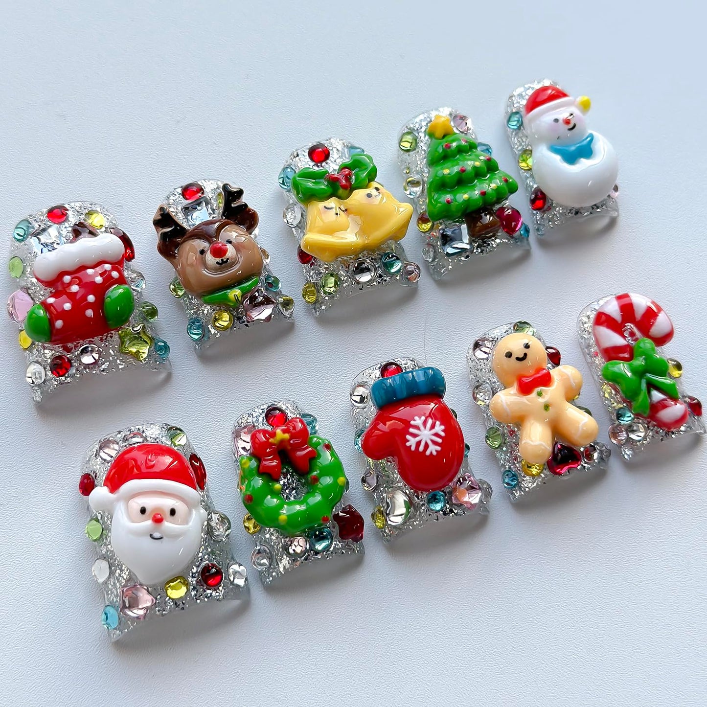 Christmas Press on Nails Luxury Short Duck Handmade 3D Unique Reusable ABS Material Fake Nails Cute False Nails with Santa Reindeer Tree Snowflake Designs Glossy Glue on Nail Thick Acrylic Nail(S)