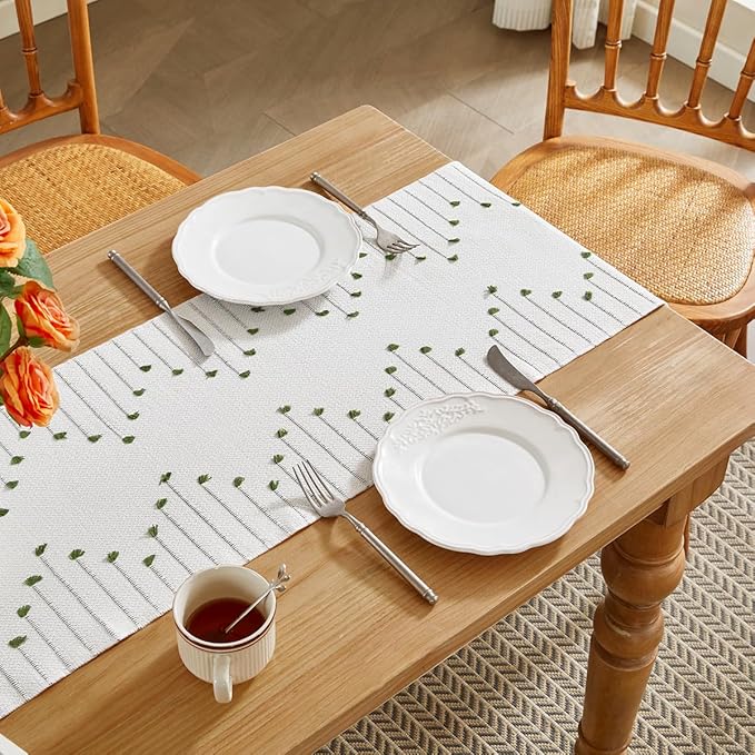 Wracra Boho Table Runner, Natural Cotton Woven Macrame Table Runners 60 Inches Long for Modern Farmhouse Woven Home Decor, 14x60 Inch, Green