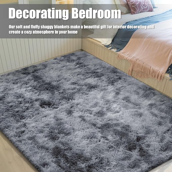 8x10 Fluffy Area Rugs for Living Room,Shag Area Rug for Bedroom,Soft Fuzzy Rug Non-Shedding Indoor Plush Carpet for Kids Bedroom Nursery Home Decor,Tie-Dyed Black