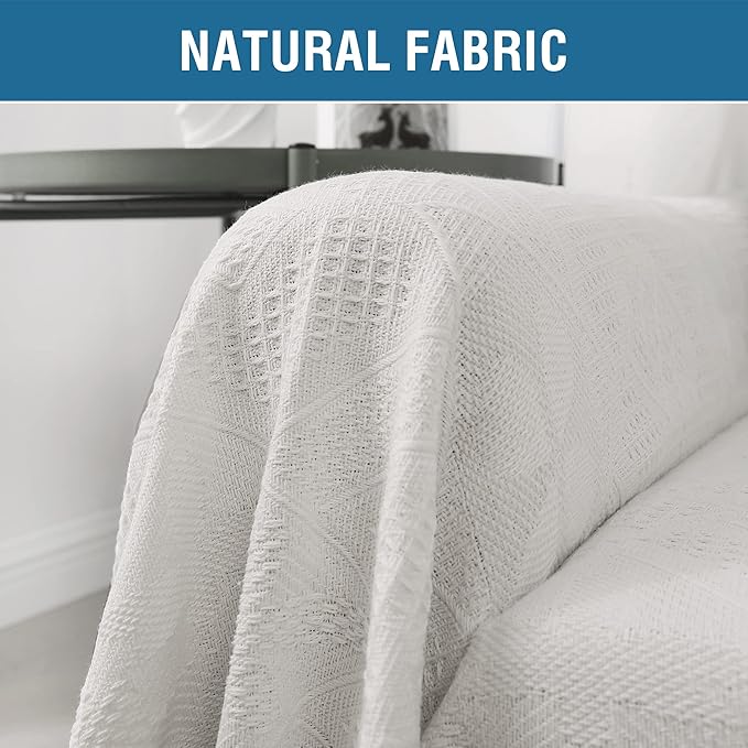 H.VERSAILTEX Cotton Sofa Covers Couch Cover Sofa Slipcover for Most Shape Sofas, Feature Thick Woven Jacquard Seamless with Tassels, Multi-Use Decorative for Couch (Large: 71" x 102", White)