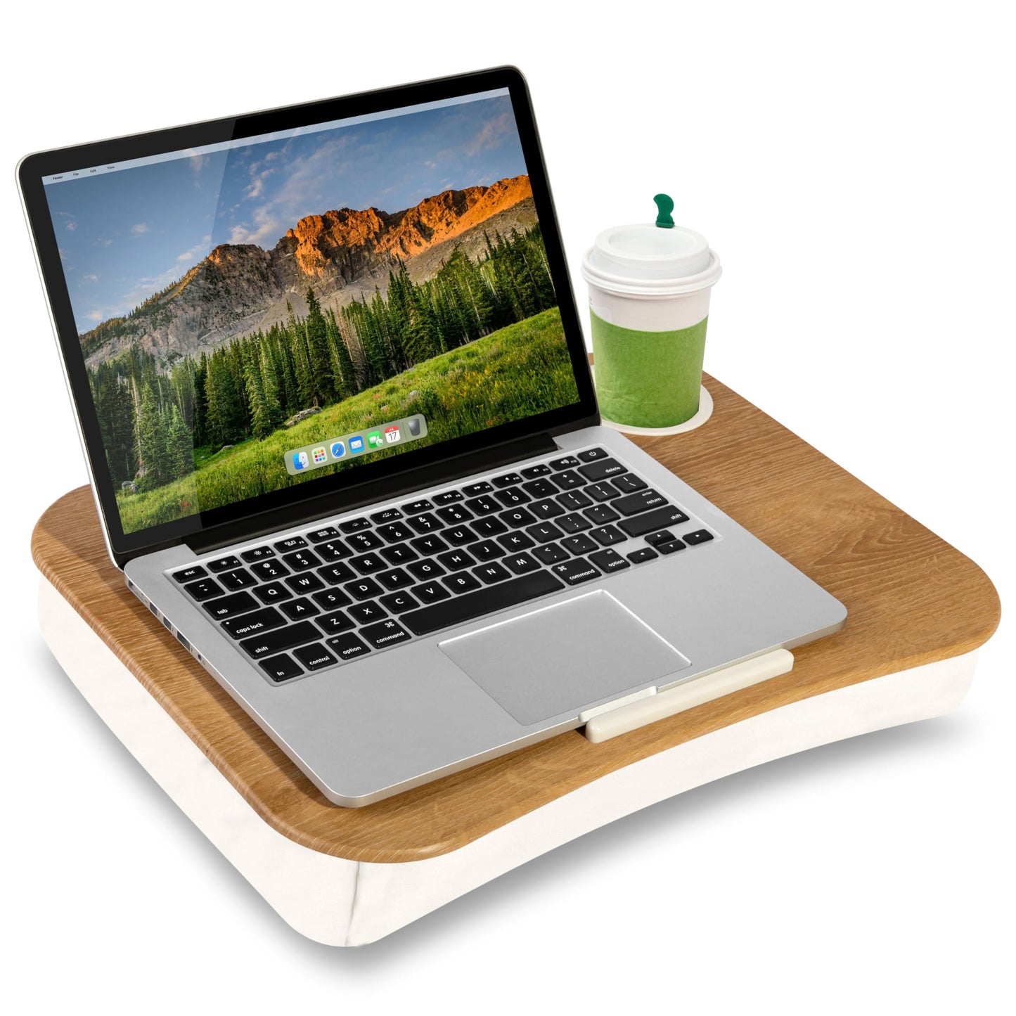 LAPGEAR Cup Holder Lap Desk with Device Ledge - White Oak Woodgrain - Fits up to 14 Inch Laptops - Style No. 46329