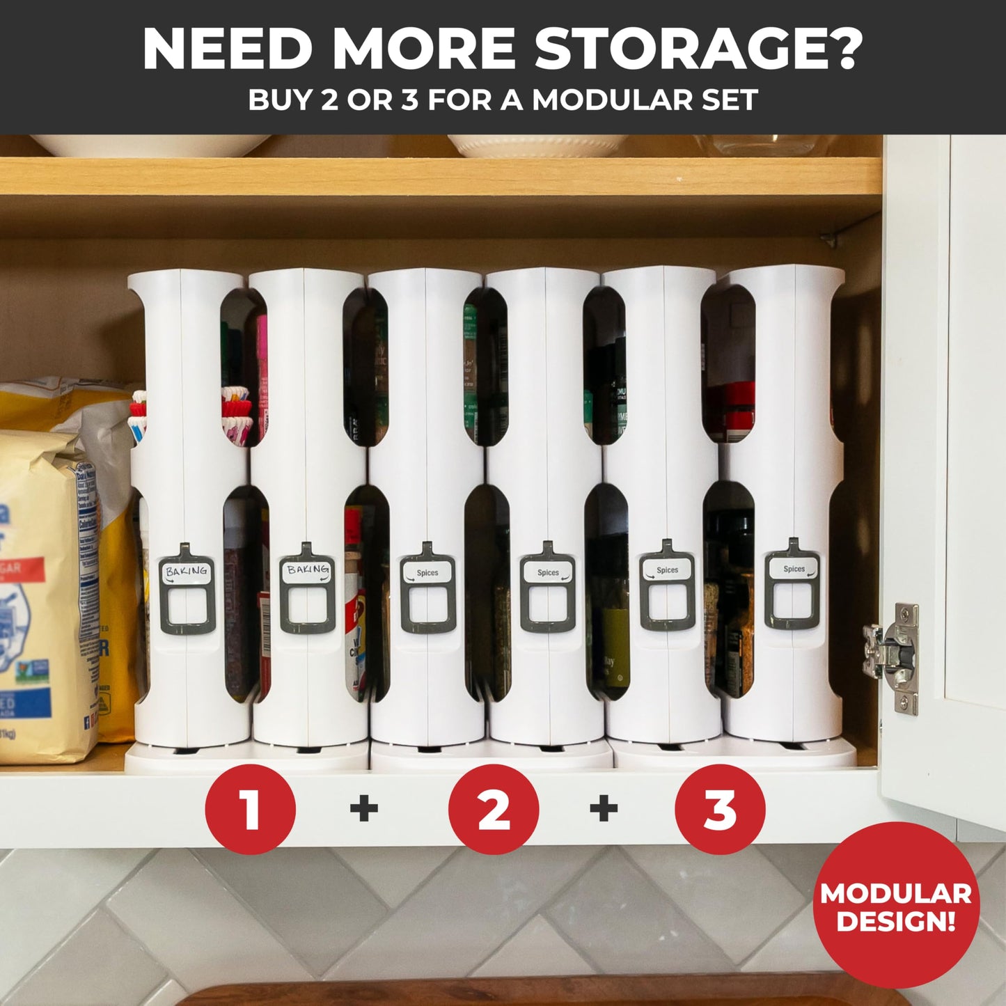 Cabinet Caddy Spice Rack Organizer for Cabinet - Slide & Rotate Kitchen Organizers and Storage - 2 Double-Decker Shelves - Non-Skid Base - Magnetic Modular Design - 10.8" H x 5.25" W x 10.8" D