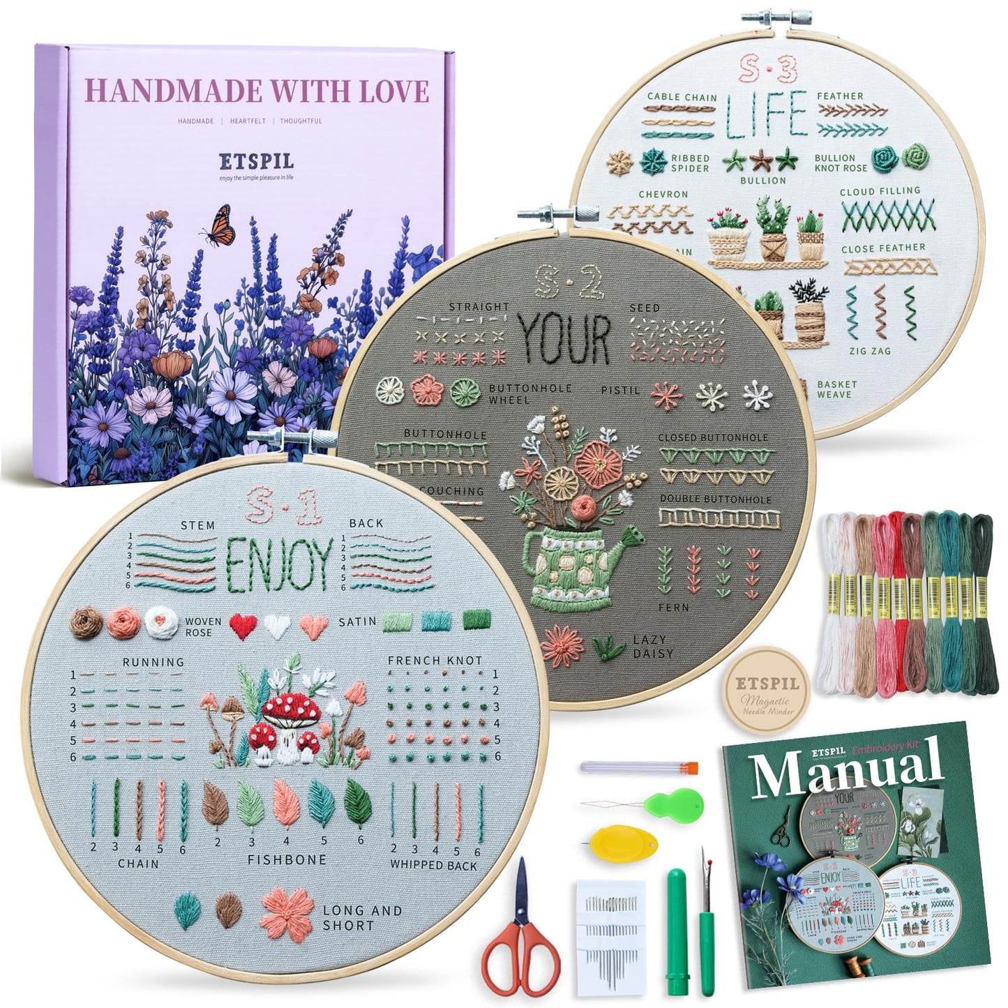 ETSPIL Embroidery Kit for Beginners, Easy Step-by-Step 4K Video Tutorials for Adults to Master 33 Core Stitches, Bound Guide & Magnetic Minder, Relaxing DIY Craft Hobby Gift for Women