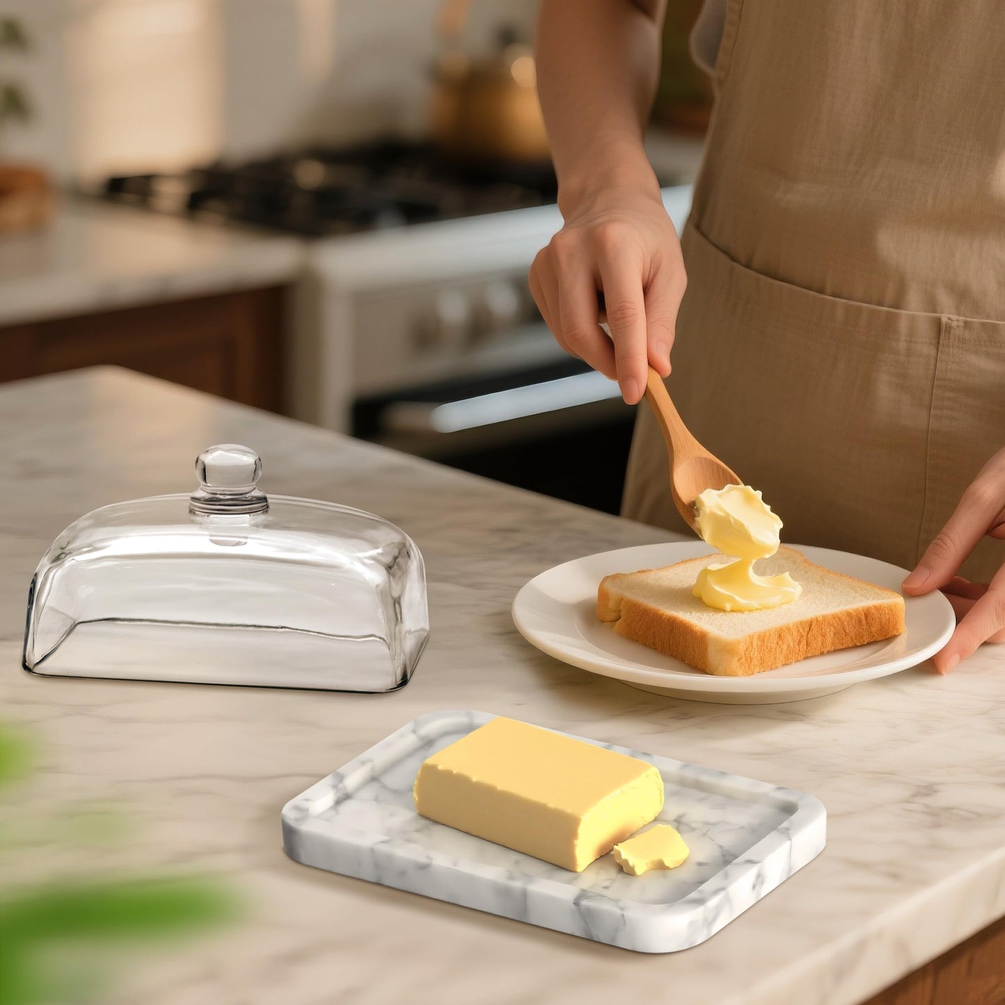 XenMee Marble Butter Dish with Lid, Elegant Large Capacity Butter Holder for Countertop & Refrigerator – Natural Cool Surface Keeps Butter in an Ideal Spreadable State – White Butter Container