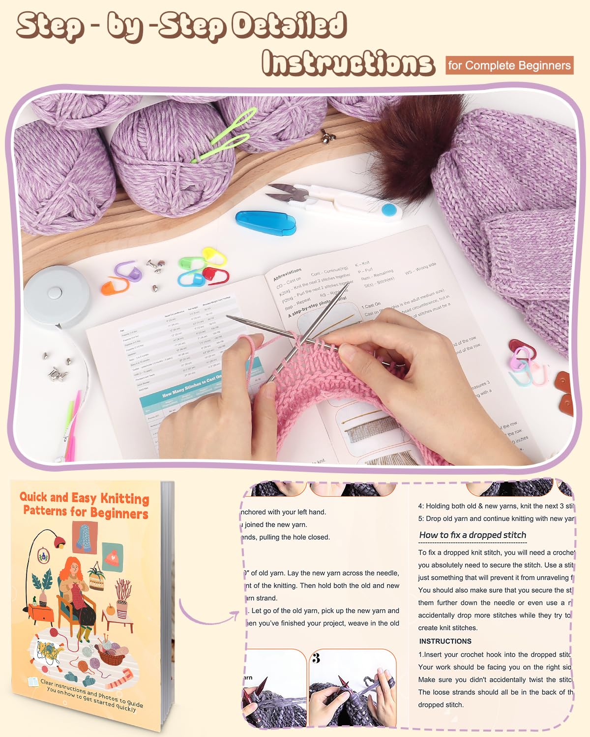 Katech Knitting Kit for Beginners Adults-Beginners Knitting Kit for Adults-Learn to Knit Kits for Adult Beginner Kids w/Step-by-Step Instruction-Complete Hat Scarf Gloves Knitting Starter Kit