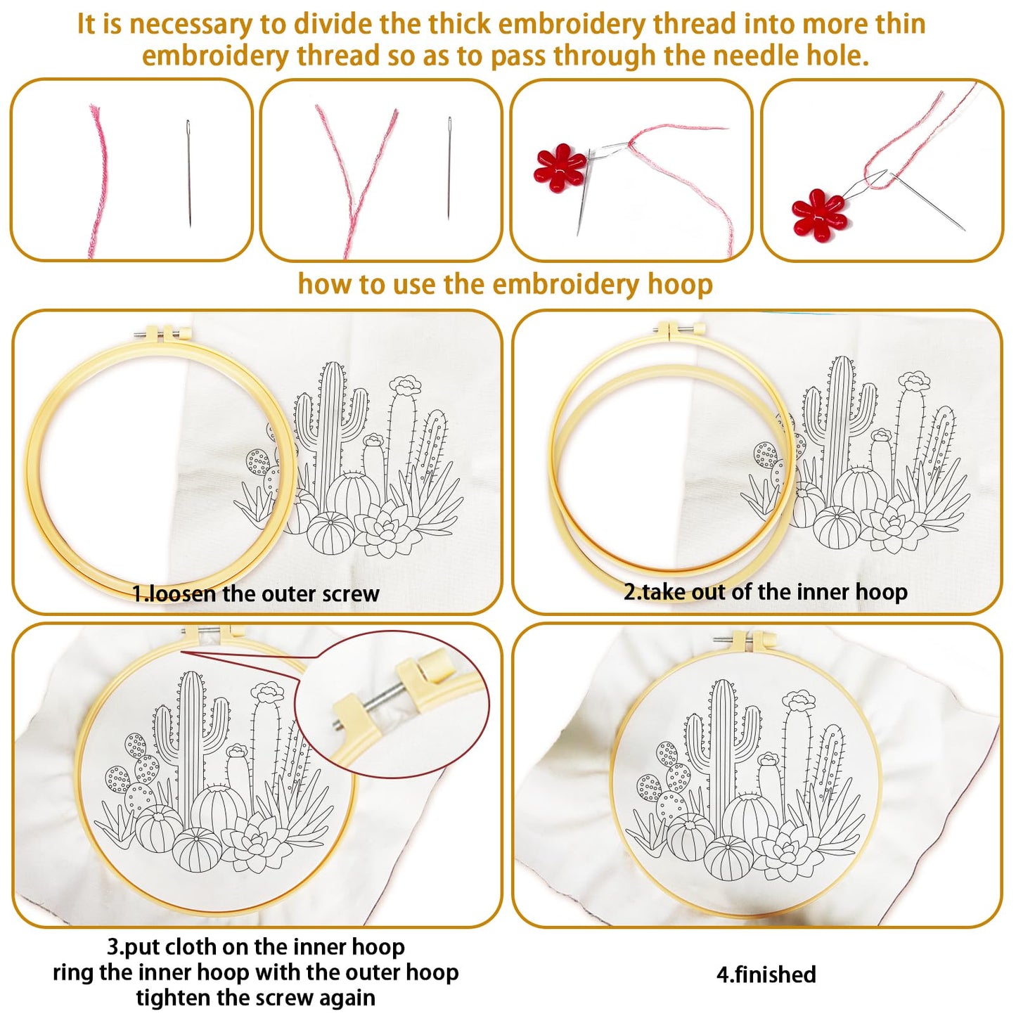 BEUNITONE Cactus Embroidery Kit for Beginners, 6PC Succulent Plant Themed Needlepoint Kits for Adults with Hoops, Threads, Needles, Instructions and Full Kits, DIY Home Decor Craft Gift for Adults